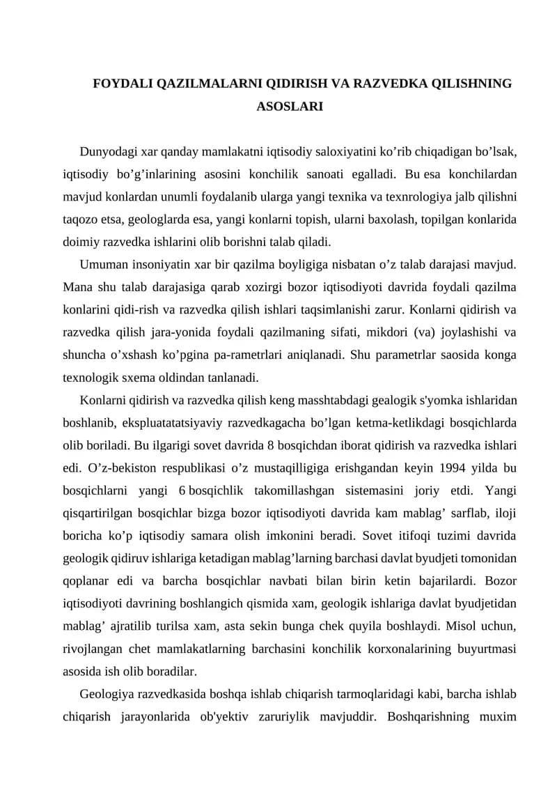 FOYDALI QAZILMALARNI QIDIRISH VA RAZVEDKA QILISHNING ASOSLARI