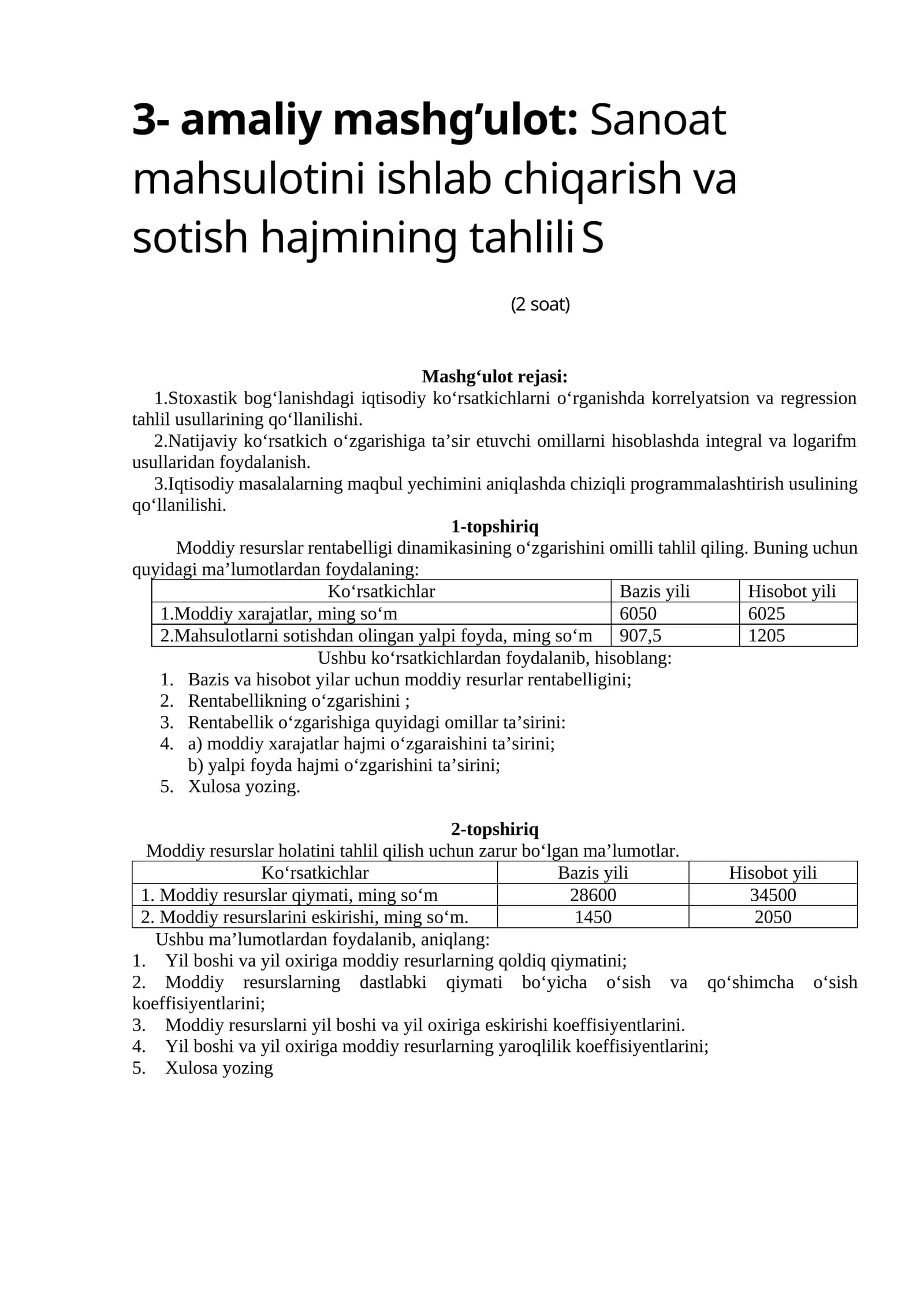 Sanoat mahsulotini ishlab chiqarish va sotish hajmining tahlili