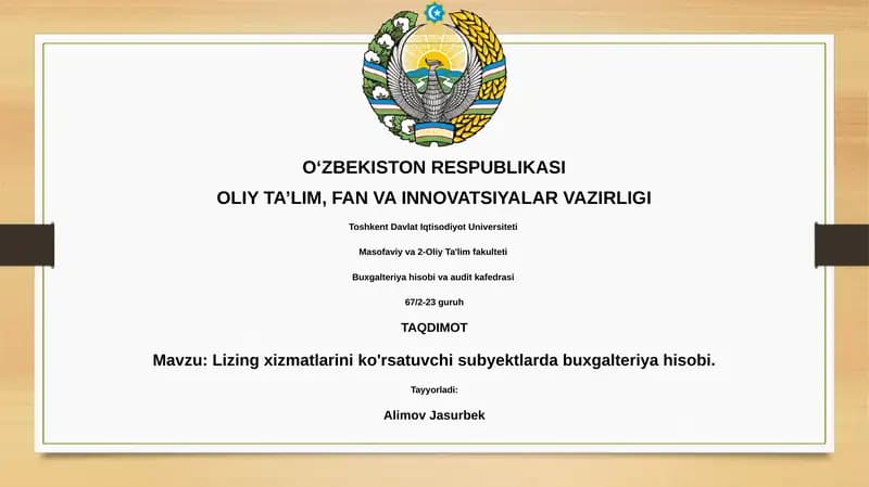 Lizing xizmatlarini ko'rsatuvchi subyektlarda buxgalteriya hisobi