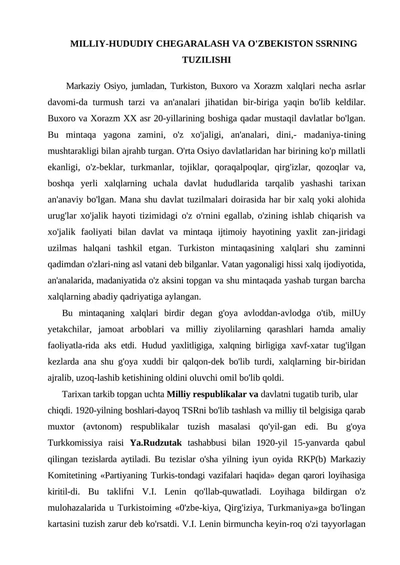 MILLIY-HUDUDIY CHEGARALASH VA O'ZBEKISTON SSRNING TUZILISHI