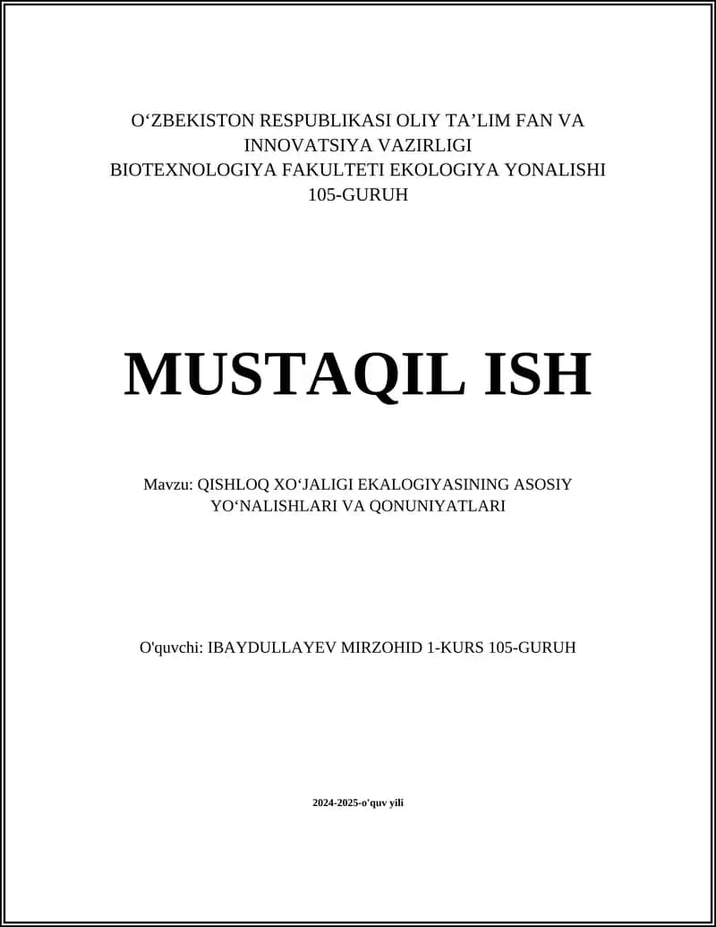 QISHLOQ XOʻJALIGI EKALOGIYASINING ASOSIY YOʻNALISHLARI VA QONUNIYATLARI