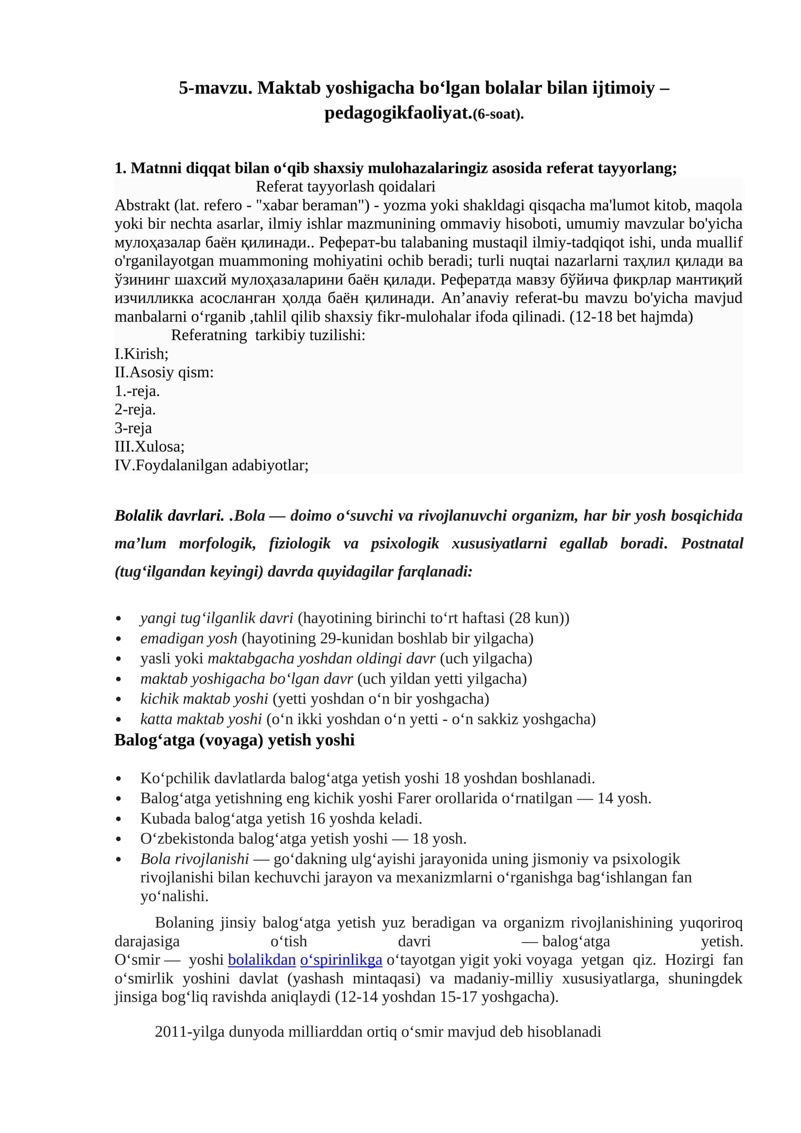 5-mavzu. Maktab yoshigacha bo‘lgan bolalar bilan ijtimoiy – pedagogikfaoliyat.(6-soat)
