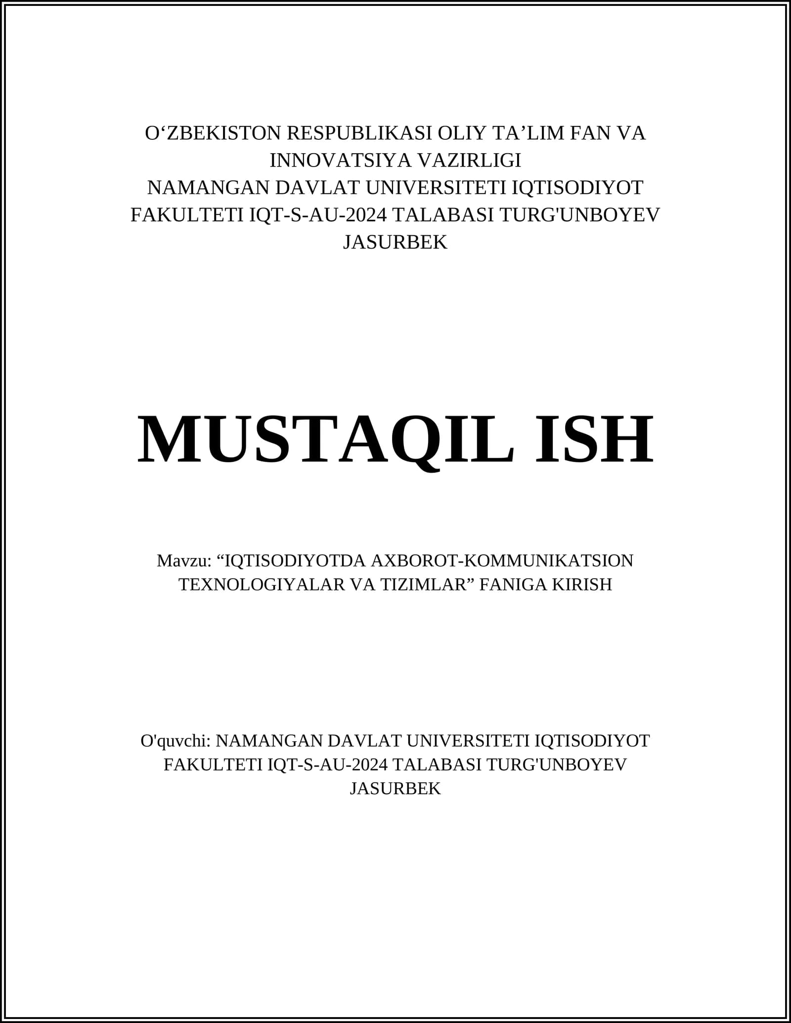 O‘zbekiston Respublikasi Oliy Ta’lim Fan va Innovatsiya Vazirligi