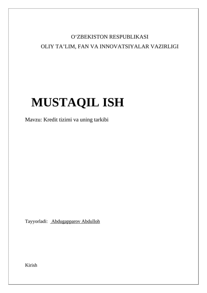 Kredit tizimi va uning tarkibi