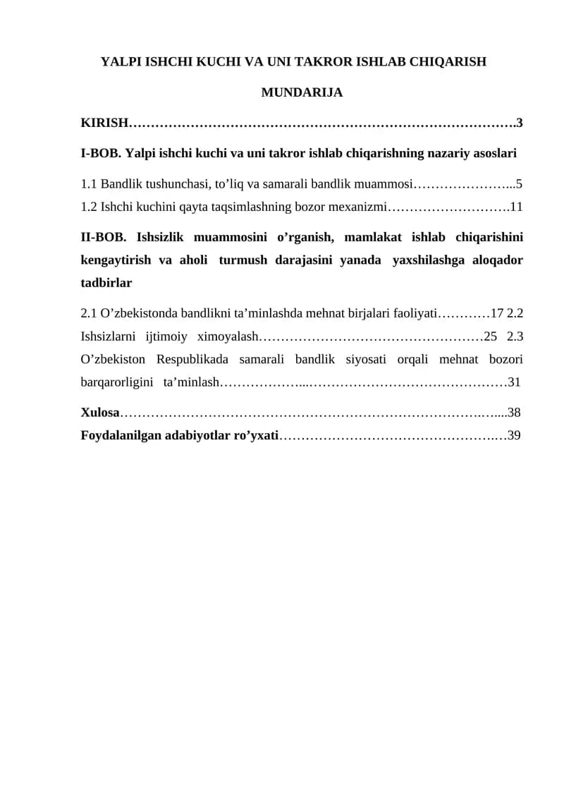 YALPI ISHCHI KUCHI VA UNI TAKROR ISHLAB CHIQARISH