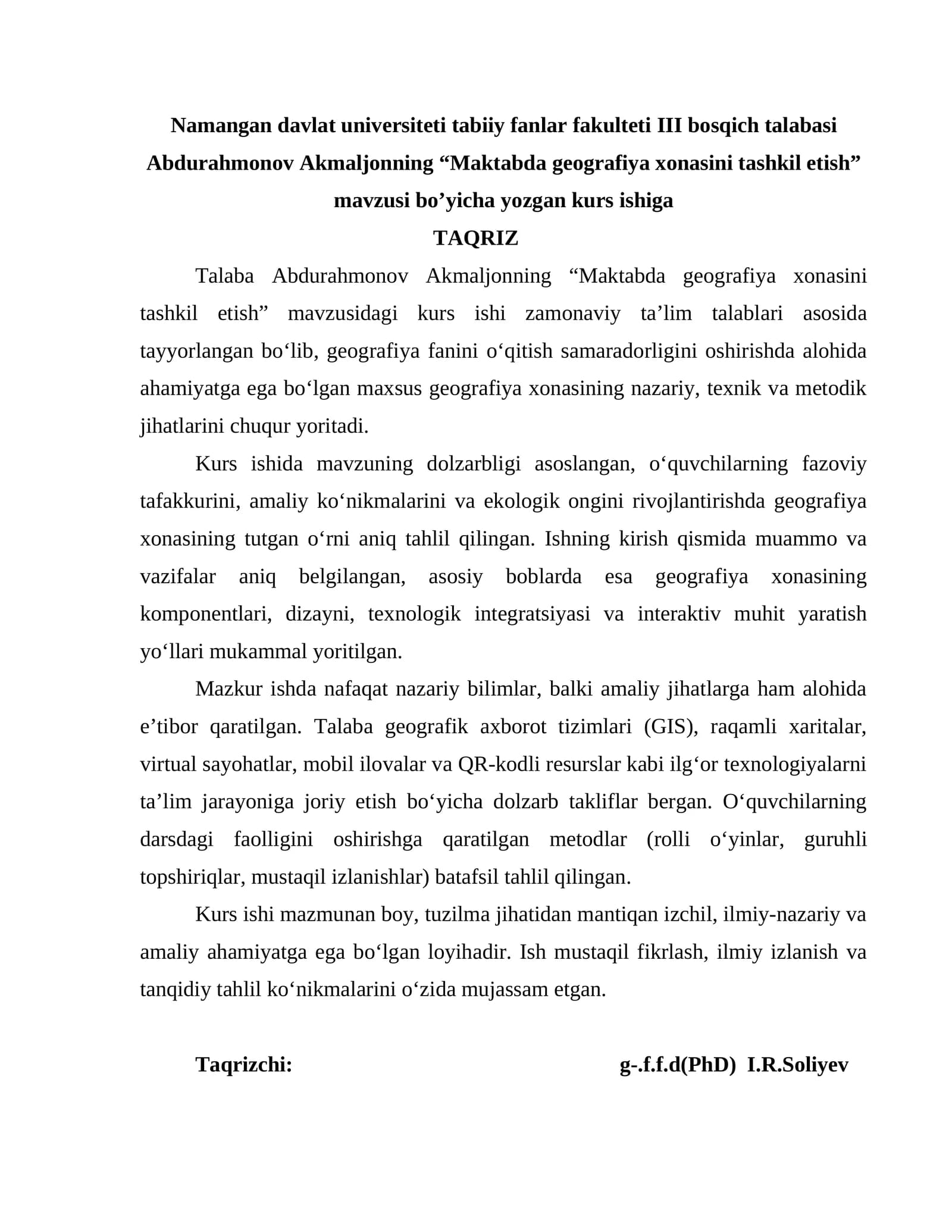 Maktabda geografiya xonasini tashkil etish