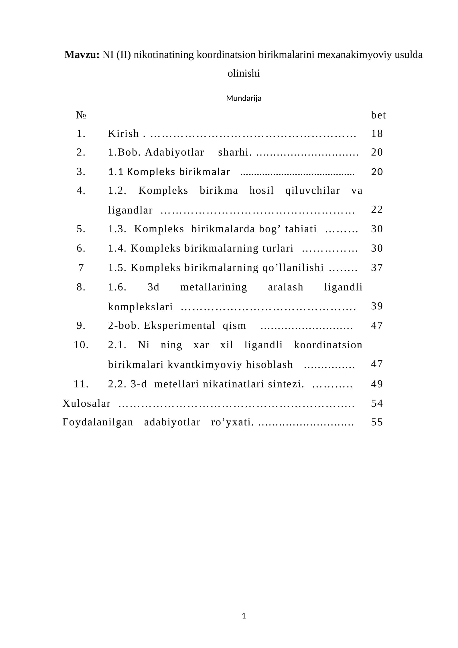 NI (II) nikotinatining koordinatsion birikmalarini mexanakimyoviy usulda olinishi