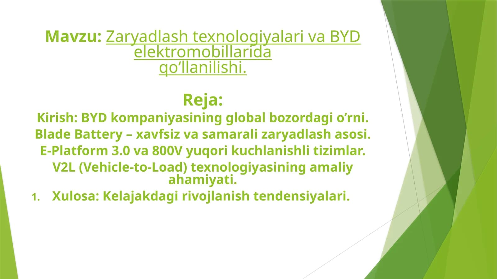 Zaryadlash texnologiyalari va BYD elektromobillarida qo‘llanilishi.