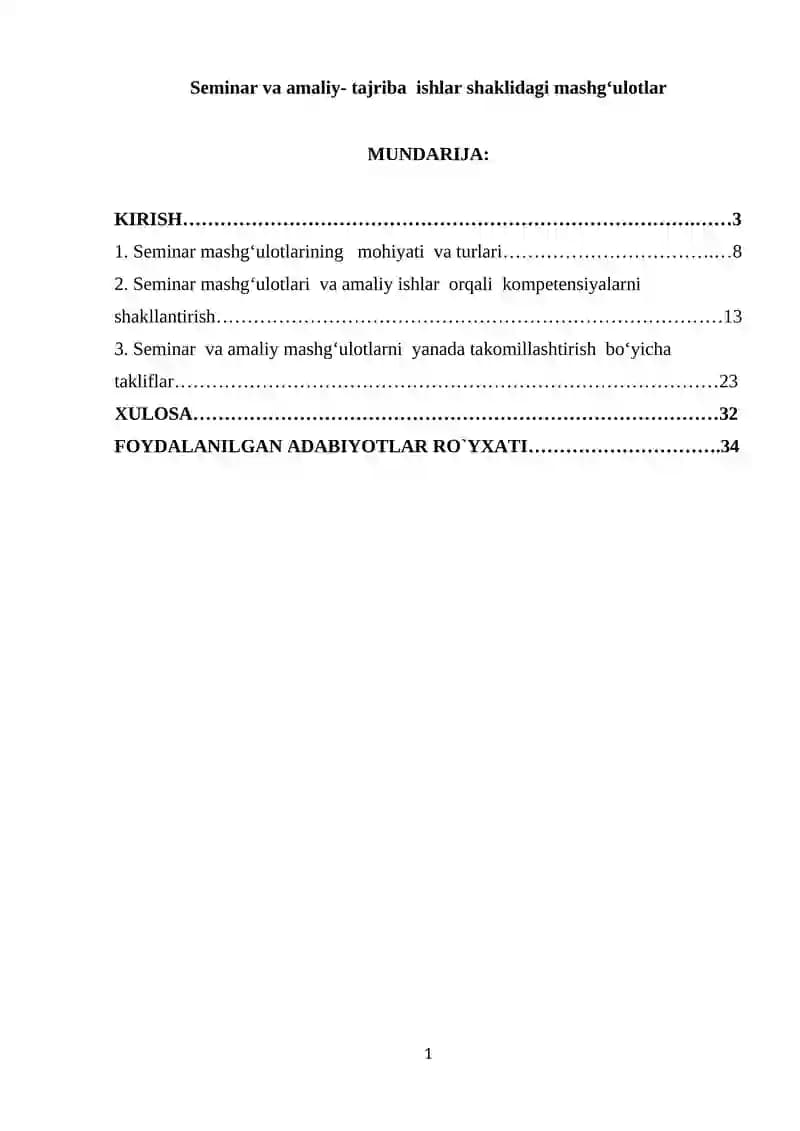 Seminar va amaliy- tajriba  ishlar shaklidagi mashgʻulotlar