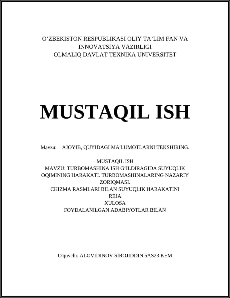 TURBOMASHINA ISH GʻILDIRAGIDA SUYUQLIK OQIMINING HARAKATI. TURBOMASHINALARING NAZARIY ZORIQMASI