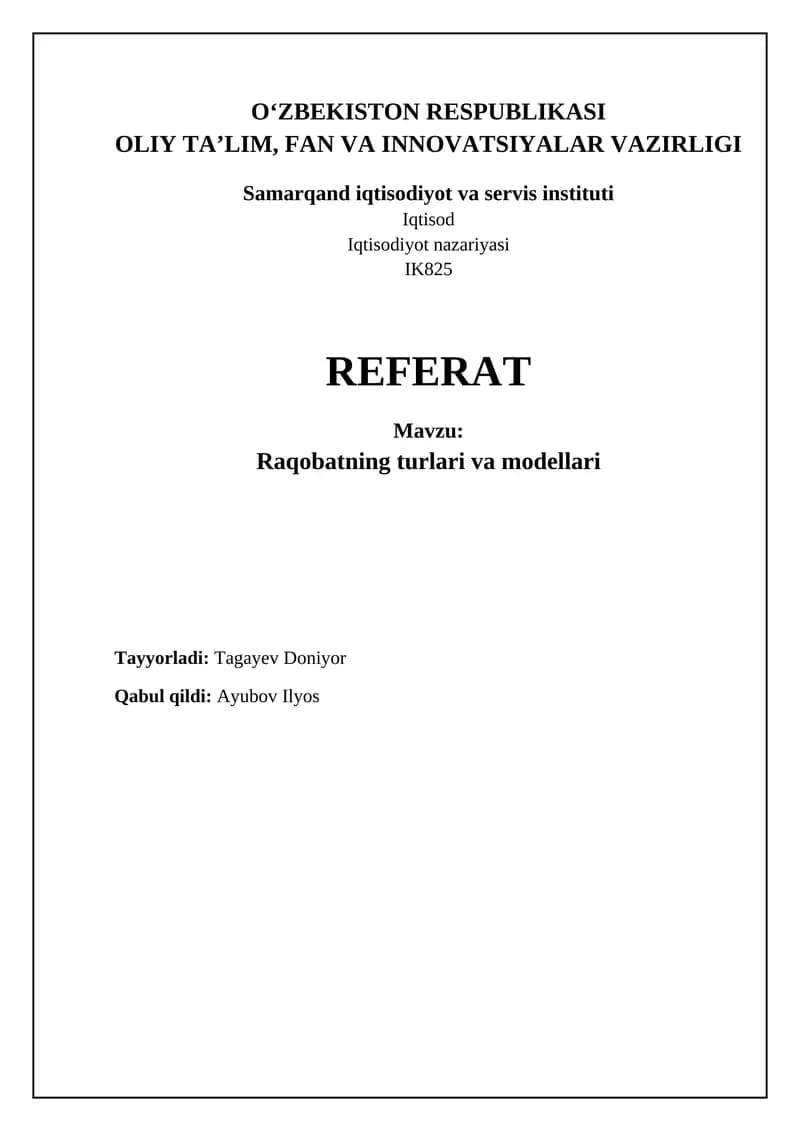 Raqobat turlari va modellari