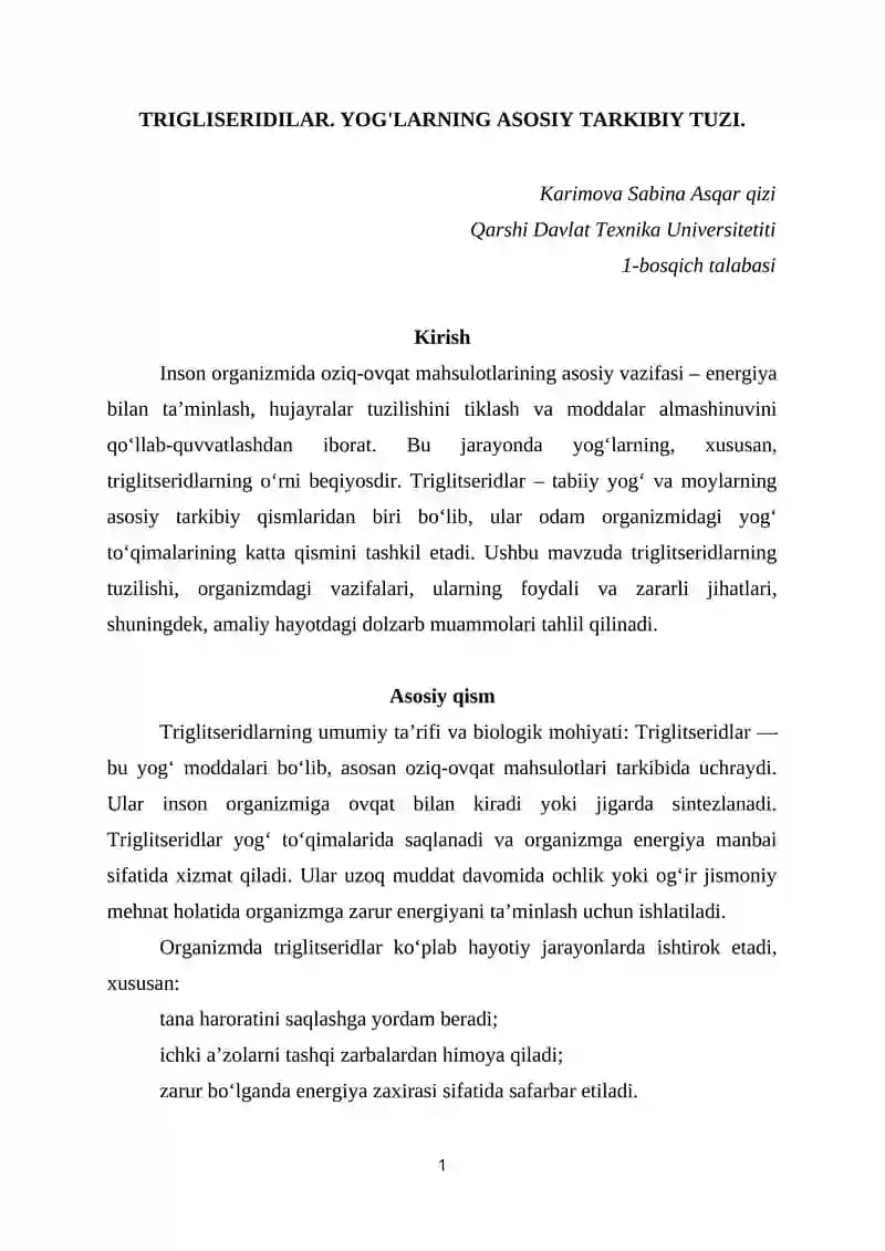 TRIGLISERIDILAR. YOG'LARNING ASOSIY TARKIBIY TUZI
