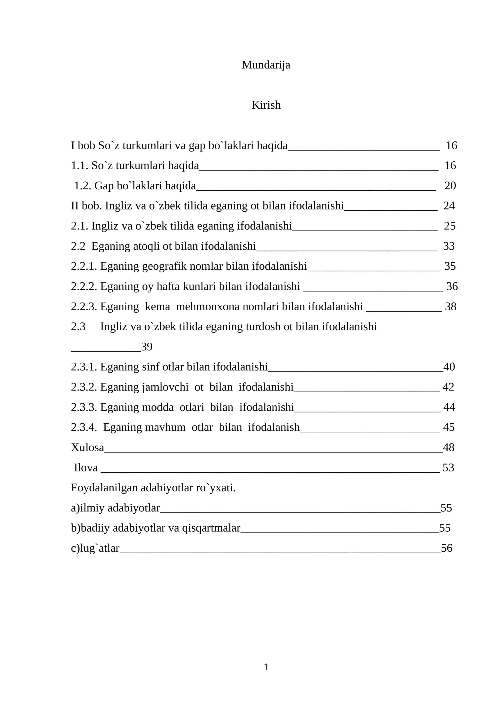 Ingliz va o`zbek tilida eganing ot bilan ifodalanishi