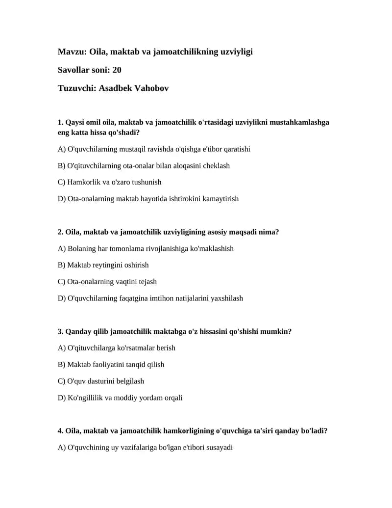 Oila, maktab va jamoatchilikning uzviyligi