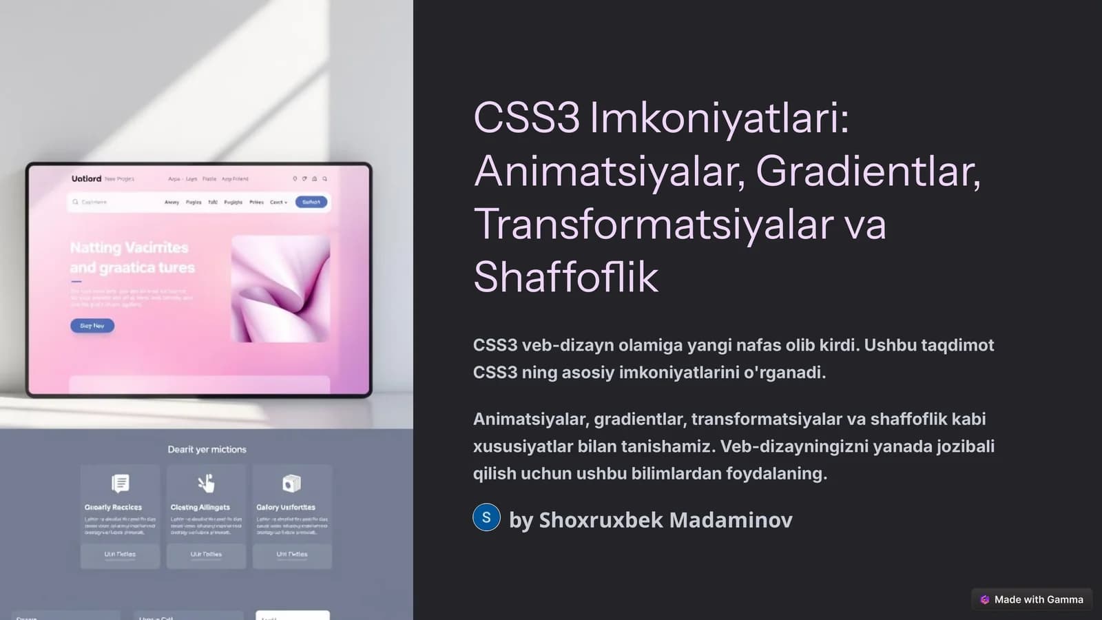 CSS3 Imkoniyatlari: Animatsiyalar, Gradientlar, Transformatsiyalar va Shaffoflik