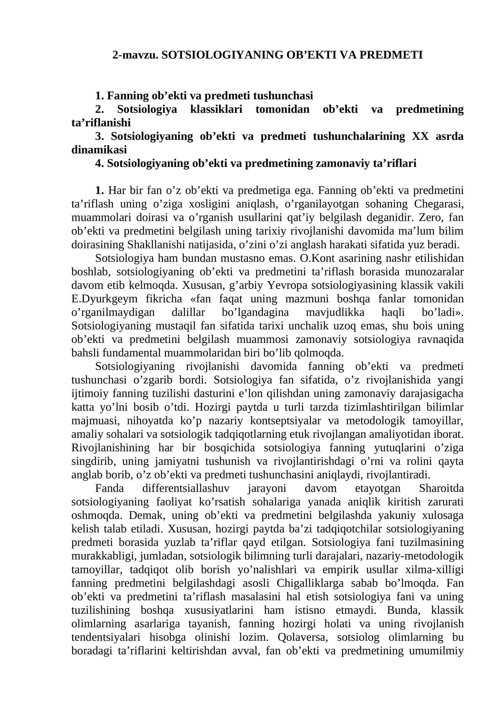 SOTSIOLOGIYANING OB’EKTI VA PREDMETI