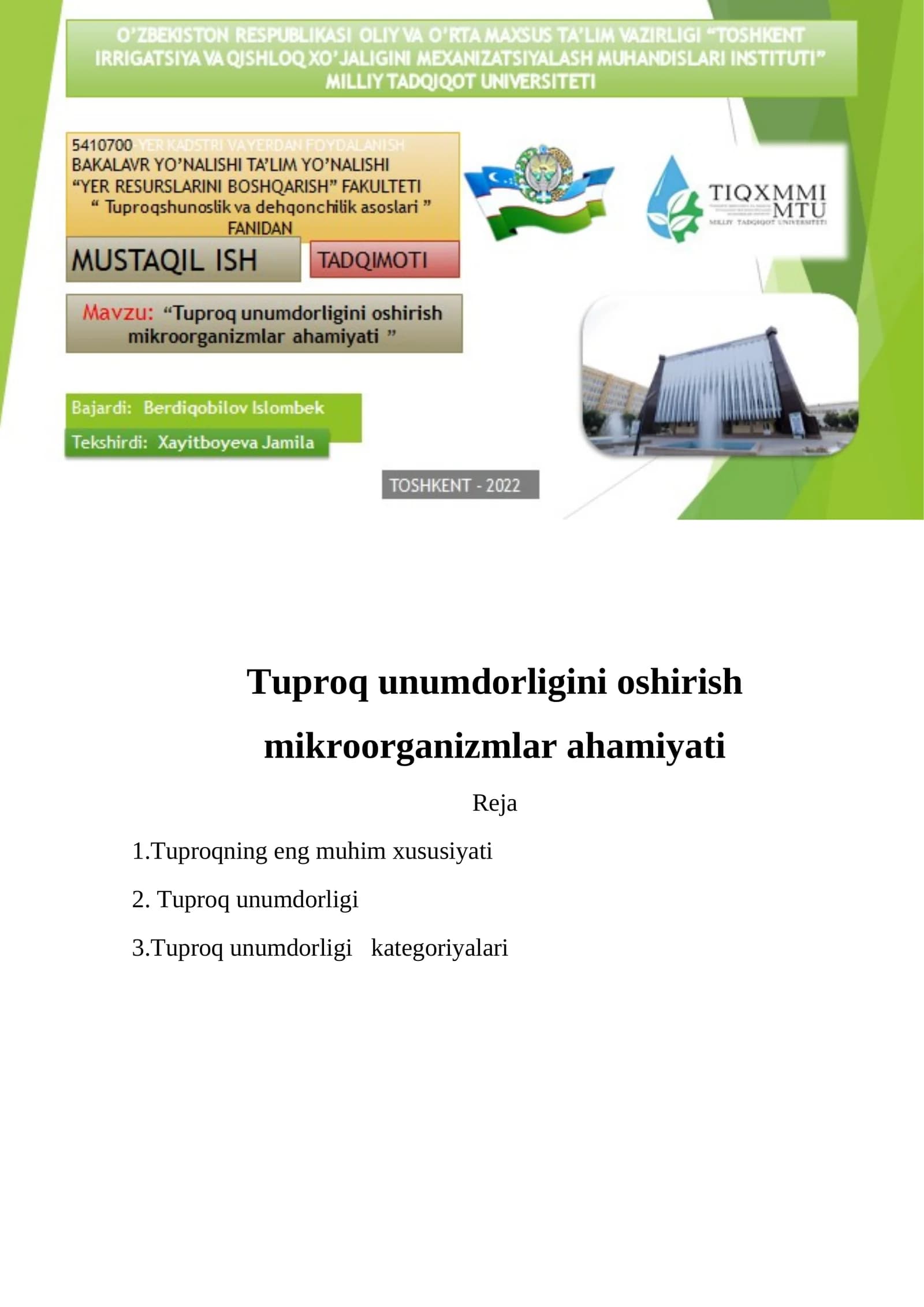 Tuproq unumdorligini oshirish mikroorganizmlar ahamiyati