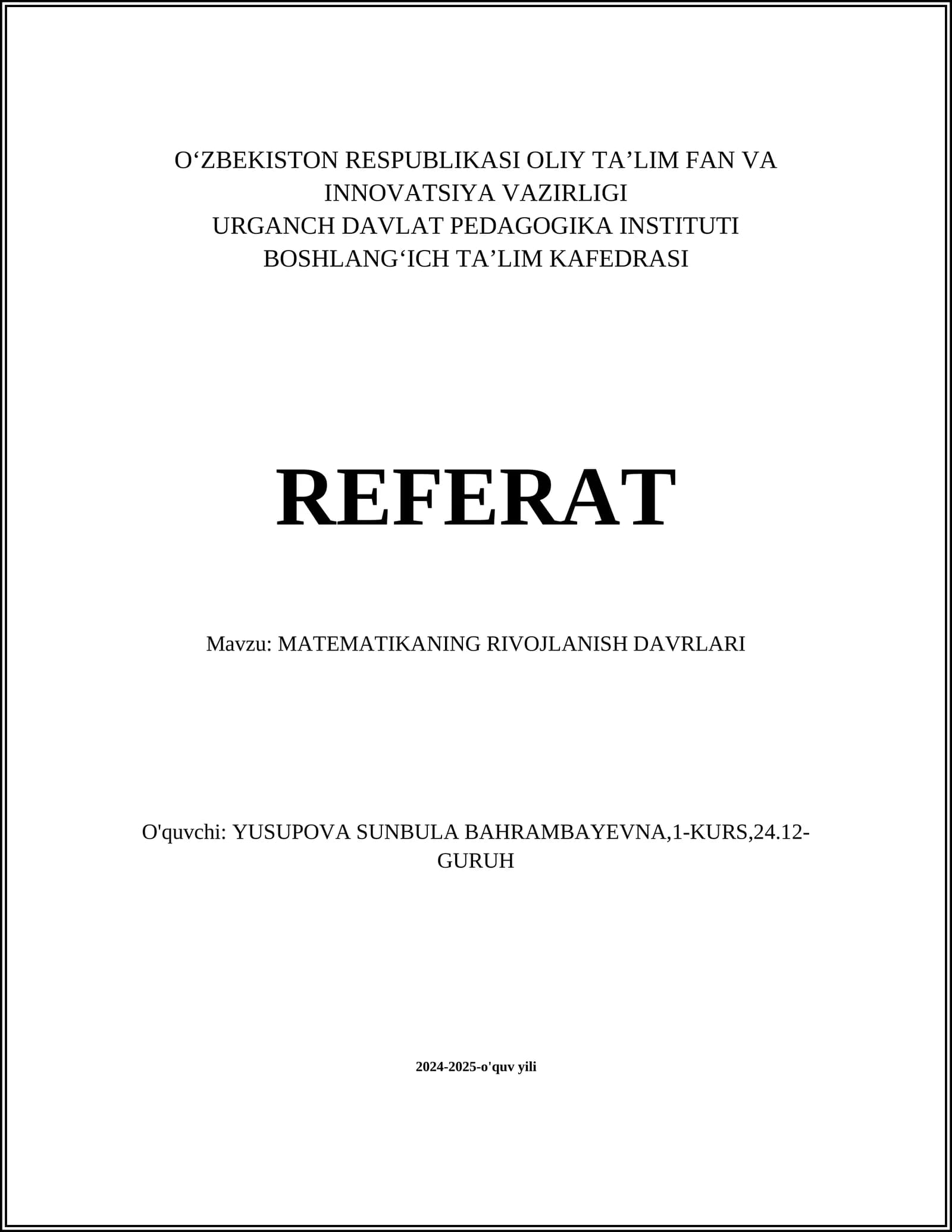 MATEMATIKANING RIVOJLANISH DAVRLARI