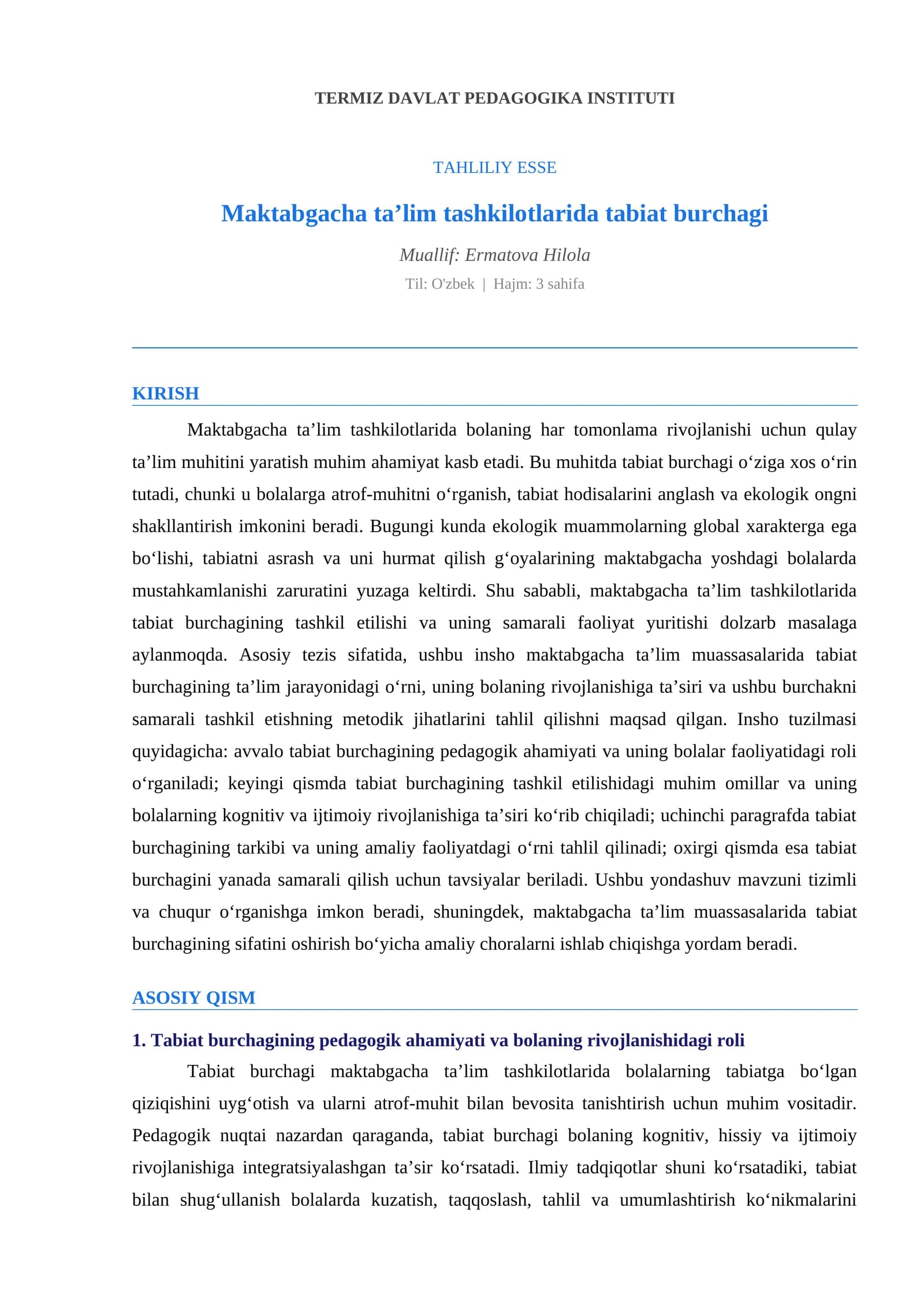 Maktabgacha taʼlim tashkilotlarida tabiat burchagi