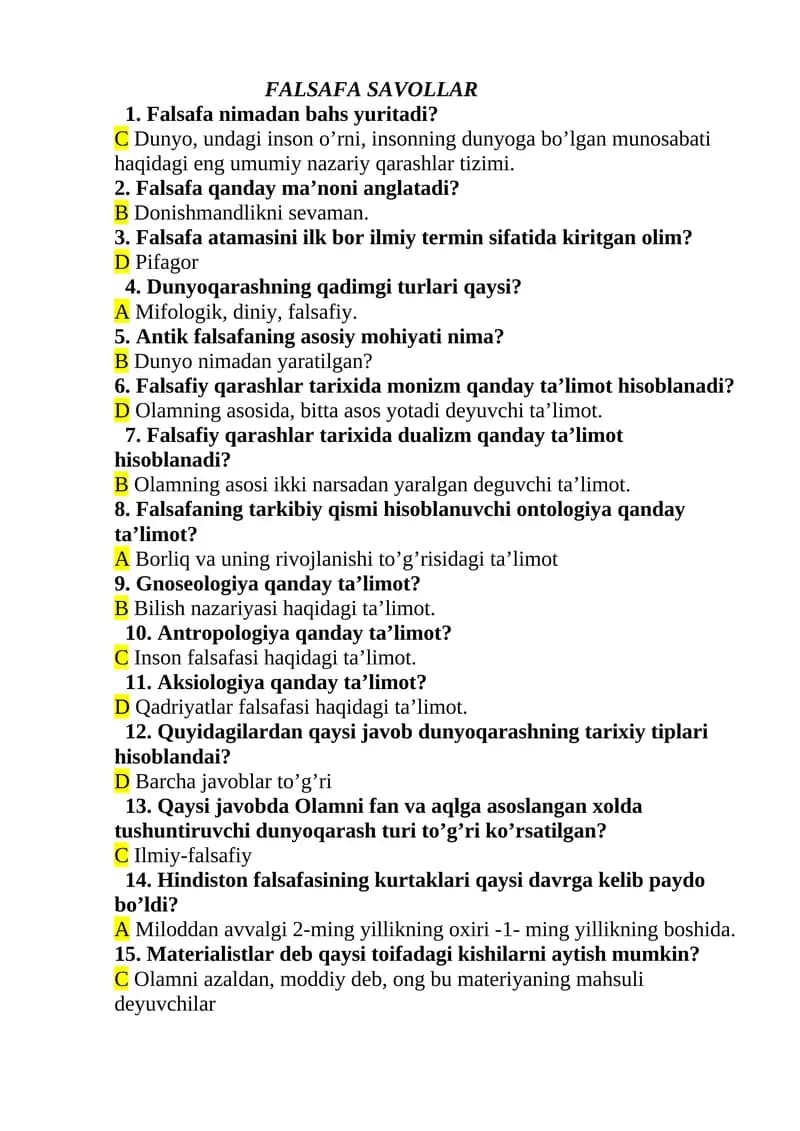 FALSAFA SAVOLLAR