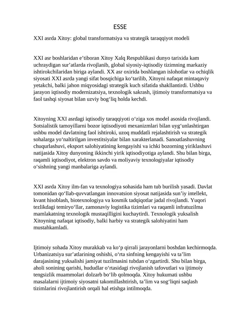 XXI asrda Xitoy global transformatsiya va strategik taraqqiyot modeli