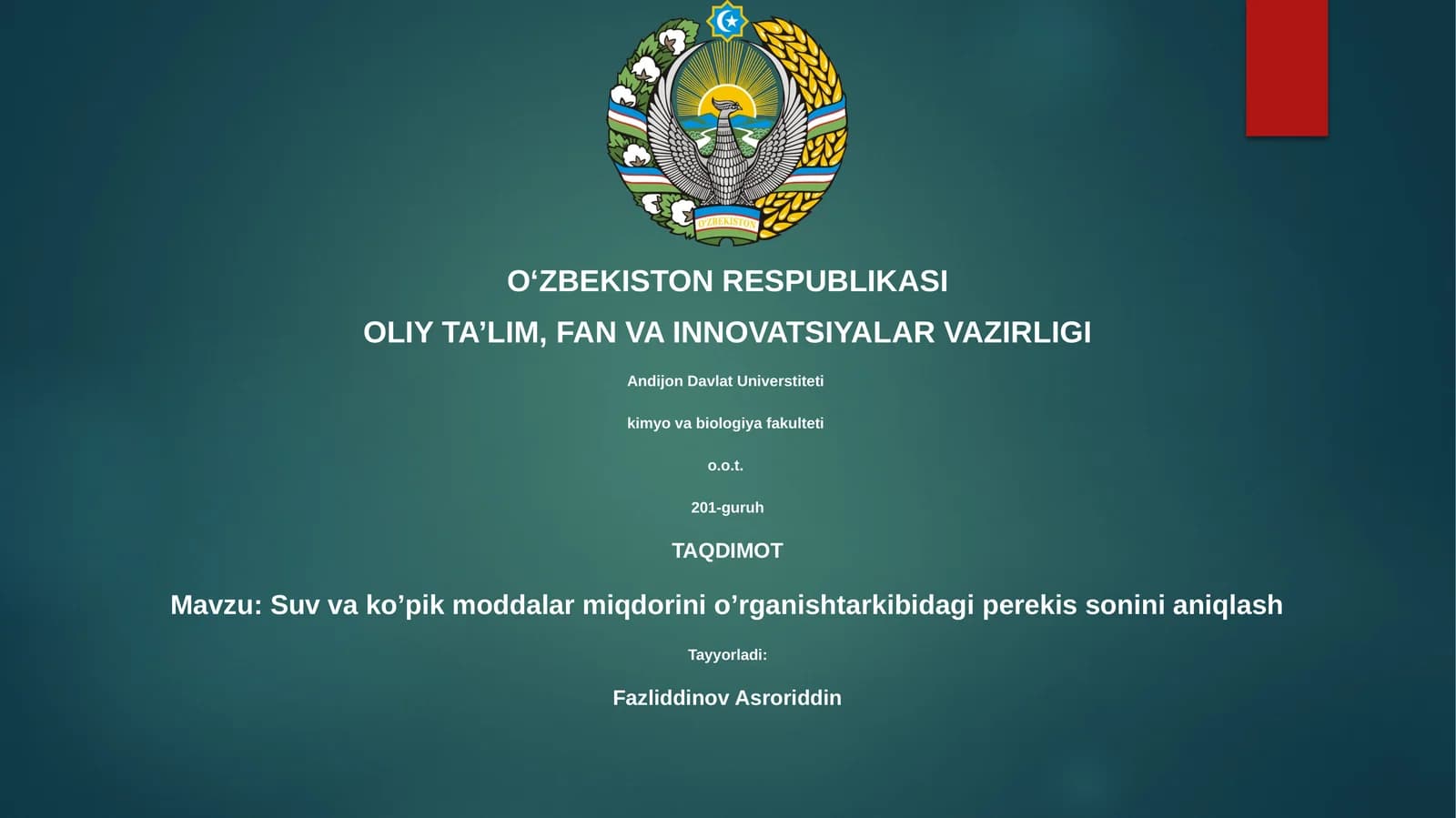 Suv va ko’pik moddalar miqdorini o’rganishtarkibidagi perekis sonini aniqlash