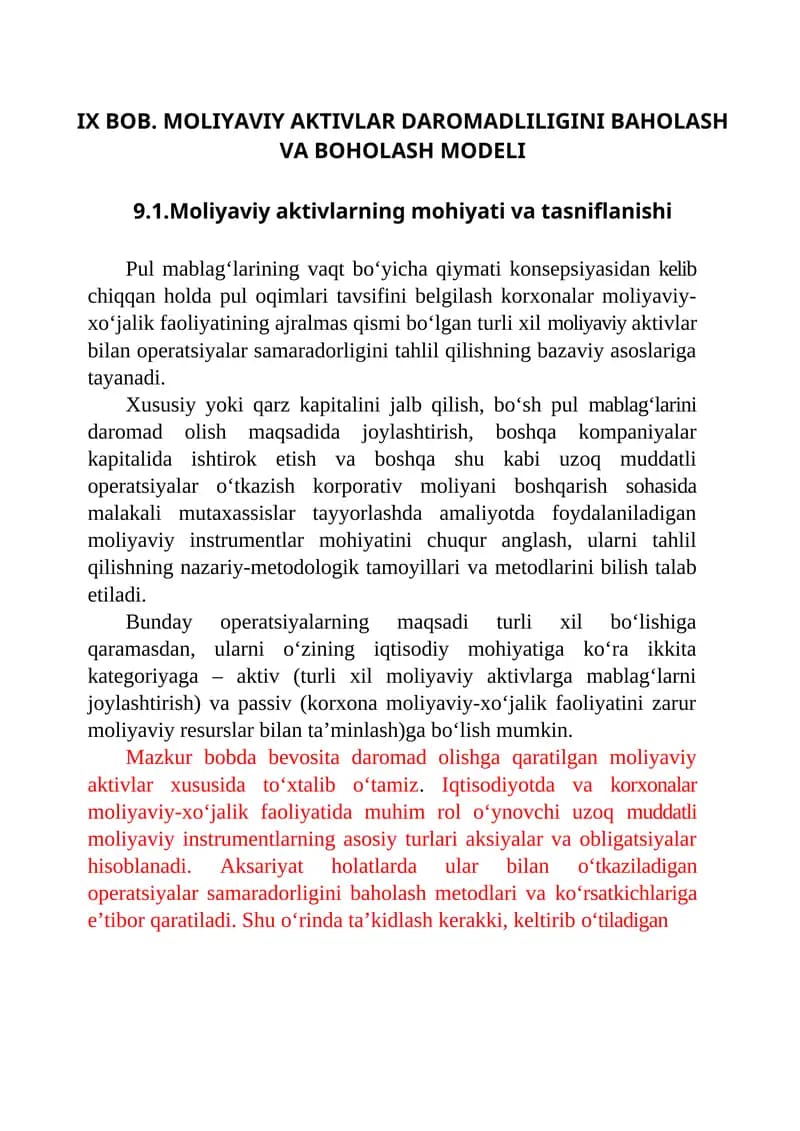 MOLIYAVIY AKTIVLAR DAROMADLILIGINI BAHOLASH VA BOHOLASH MODELI