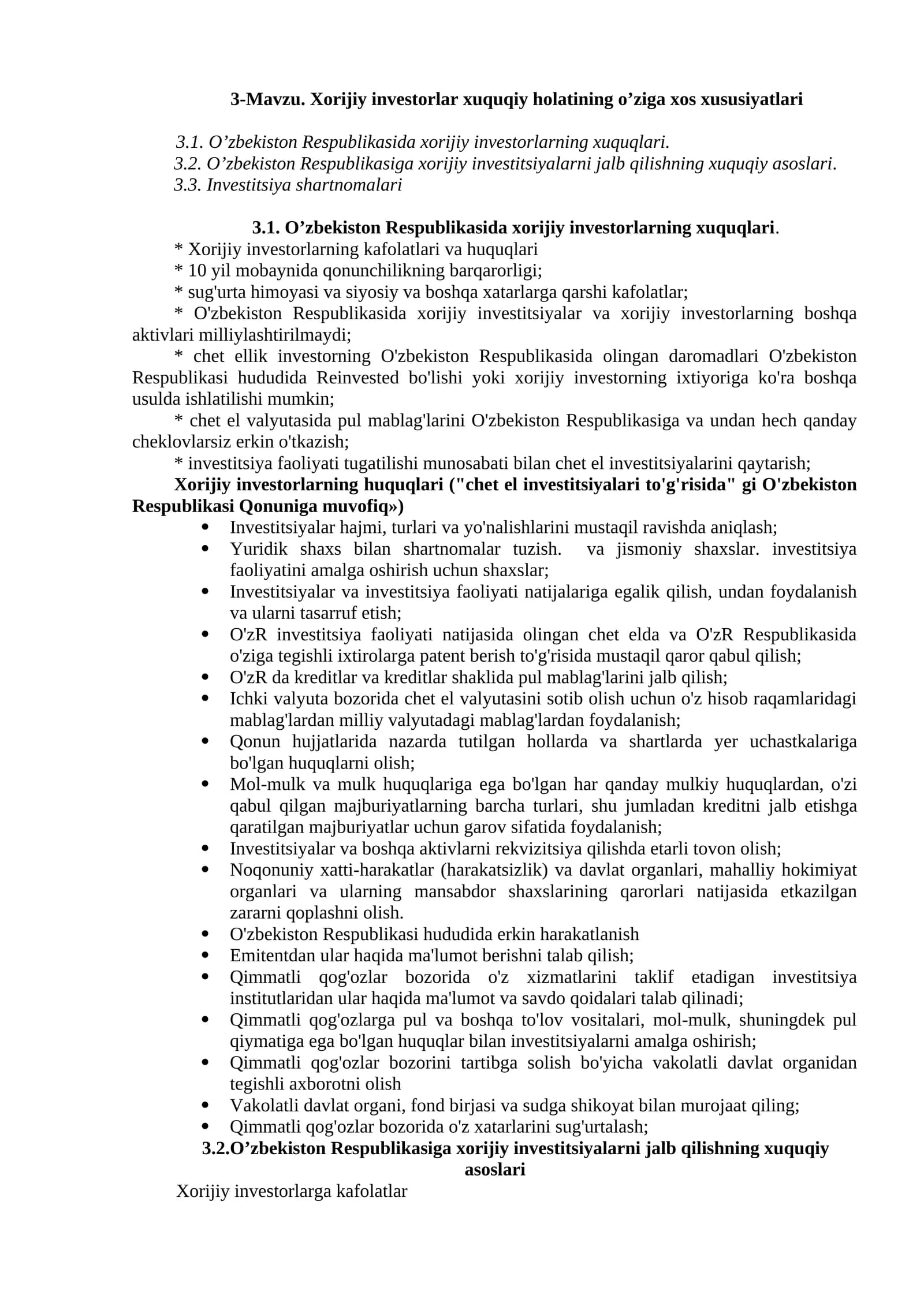 O’zbekiston Respublikasida xorijiy investorlarning xuquqlari