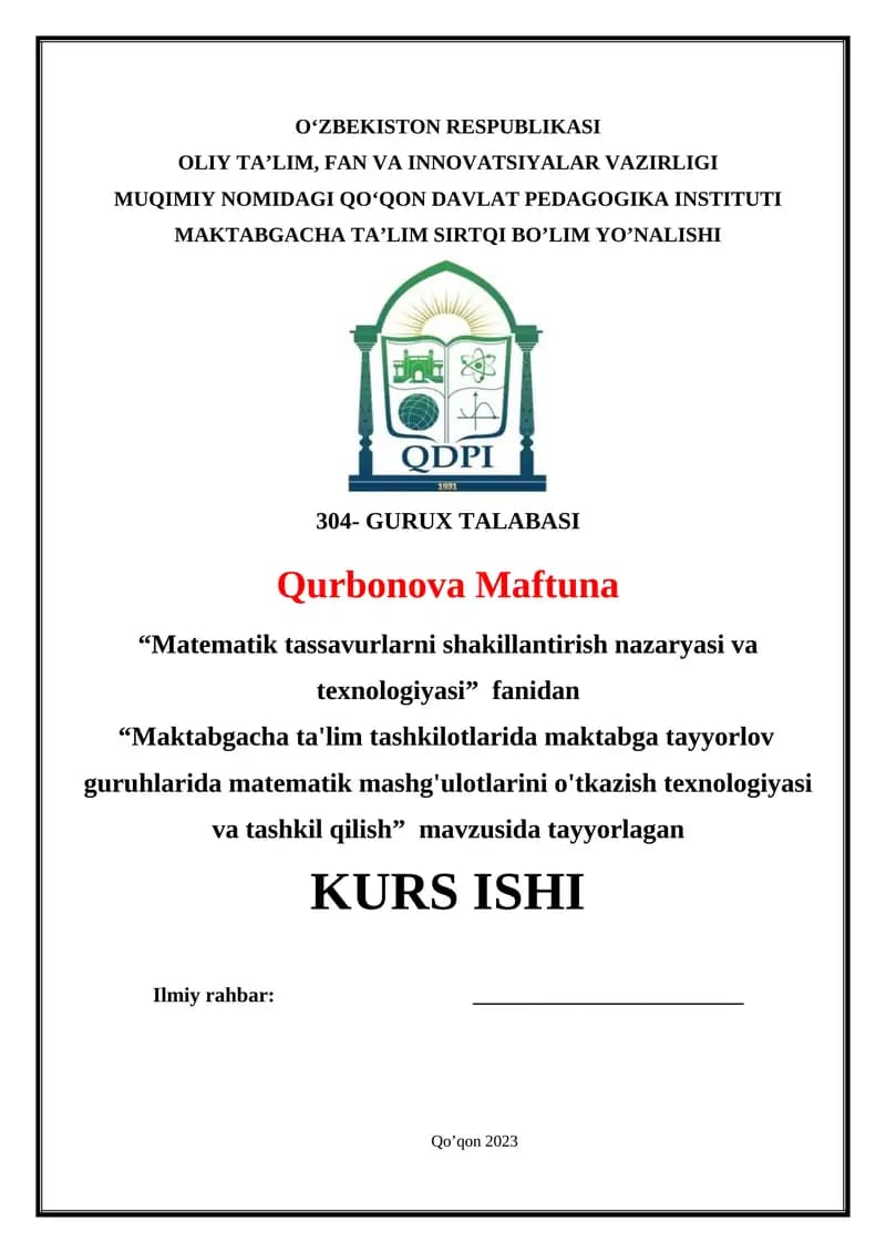 Maktabgacha ta'lim tashkilotlarida maktabga tayyorlov guruhlarida matematik mashg'ulotlarini o'tkazish texnologiyasi va tashkil qilish