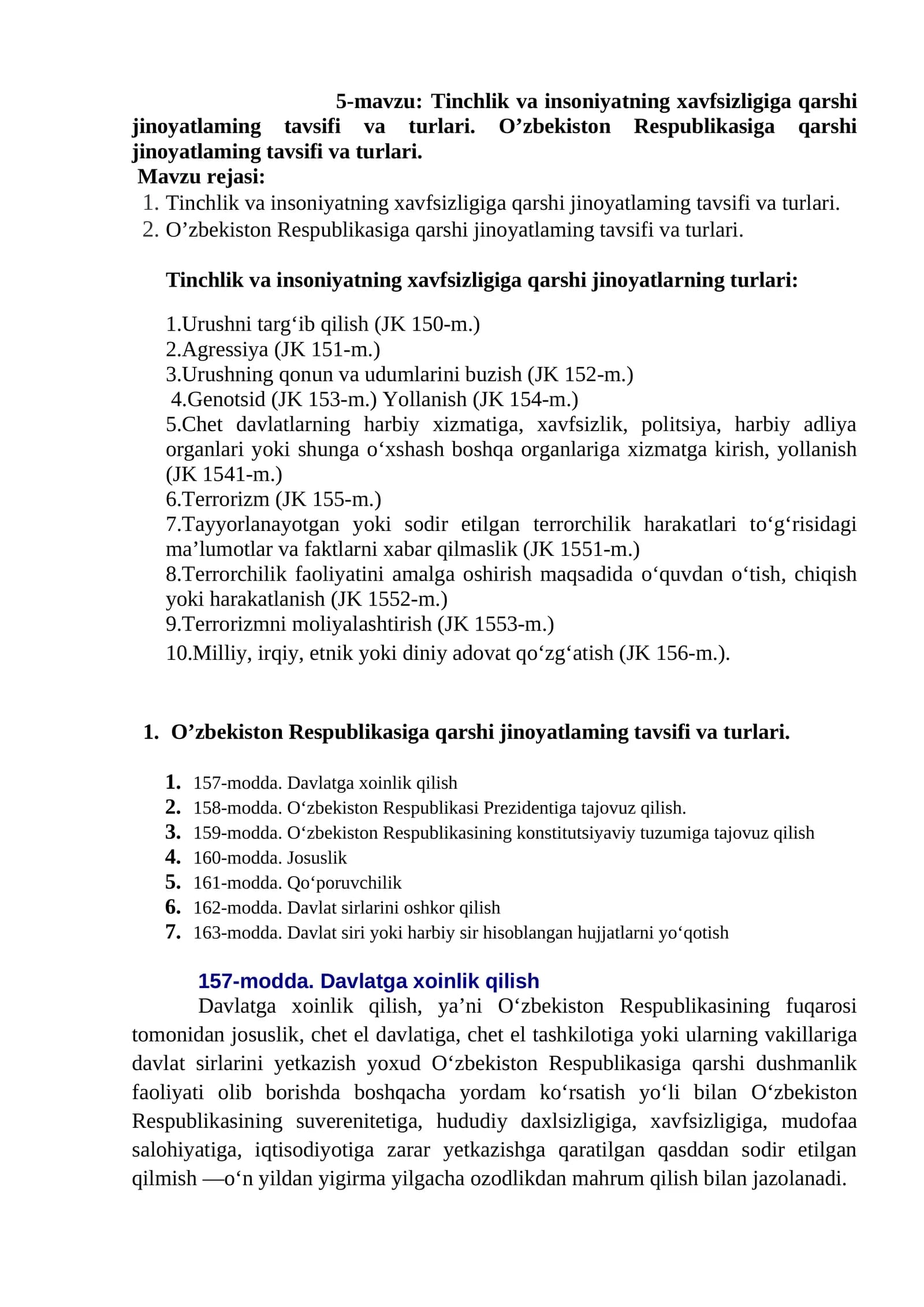 Tinchlik va insoniyatning xavfsizligiga qarshi jinoyatlaming tavsifi va turlari