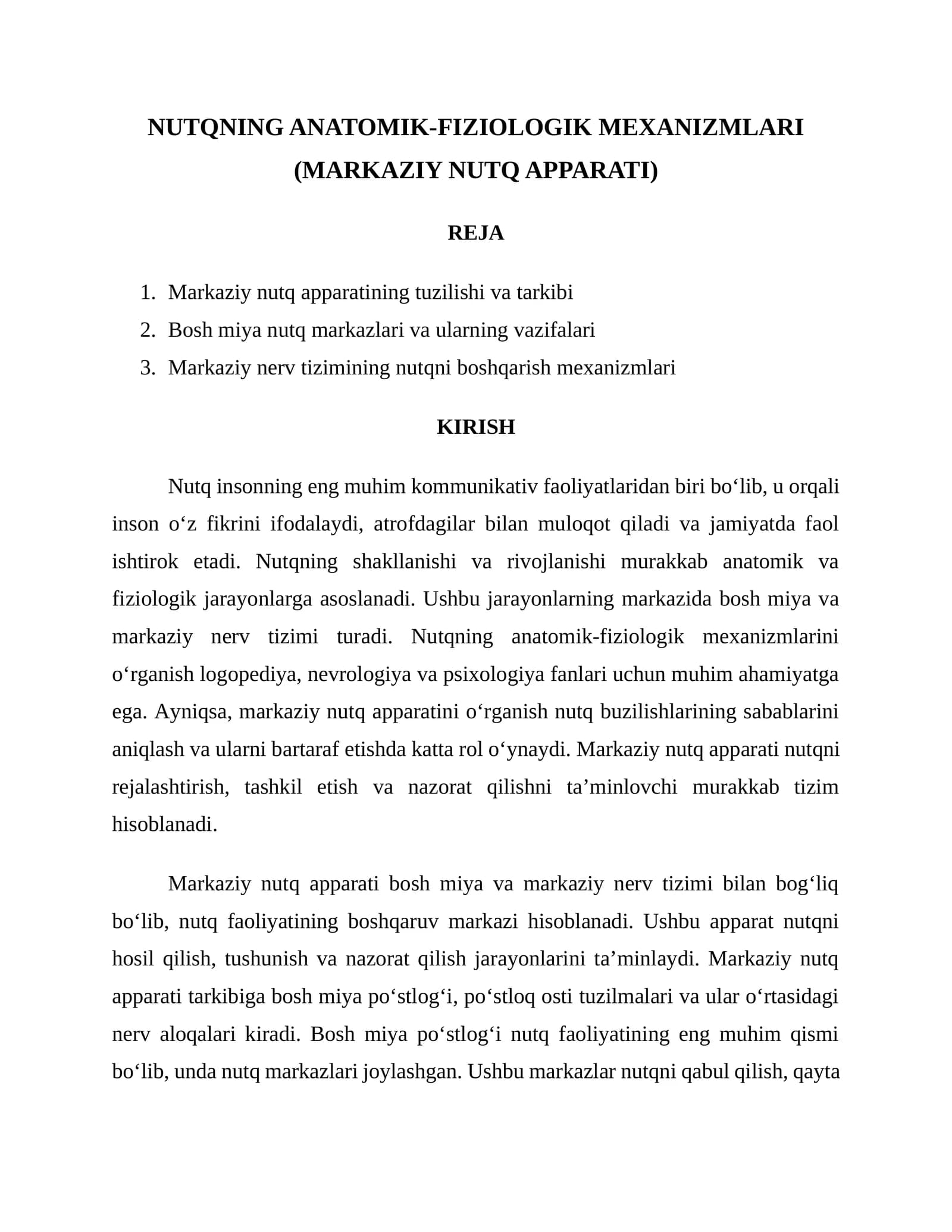 NUTQNING ANATOMIK-FIZIOLOGIK MEXANIZMLARI (MARKAZIY NUTQ APPARATI)