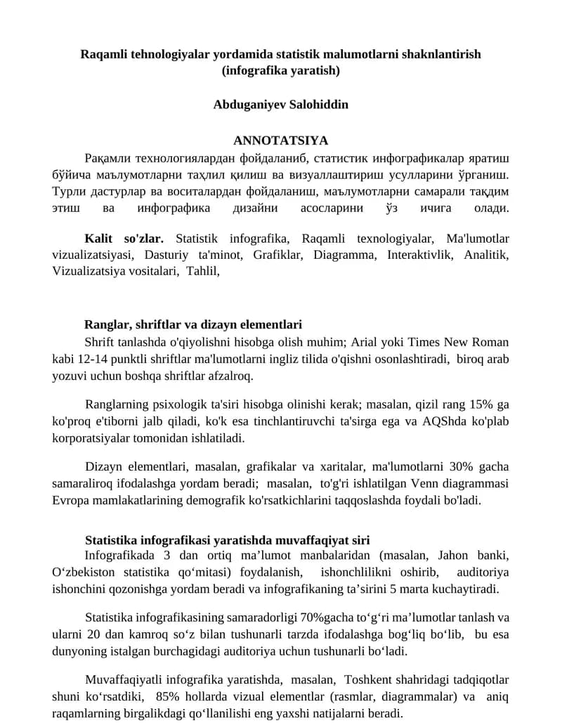 Raqamli tehnologiyalar yordamida statistik malumotlarni shaknlantirish (infografika yaratish)