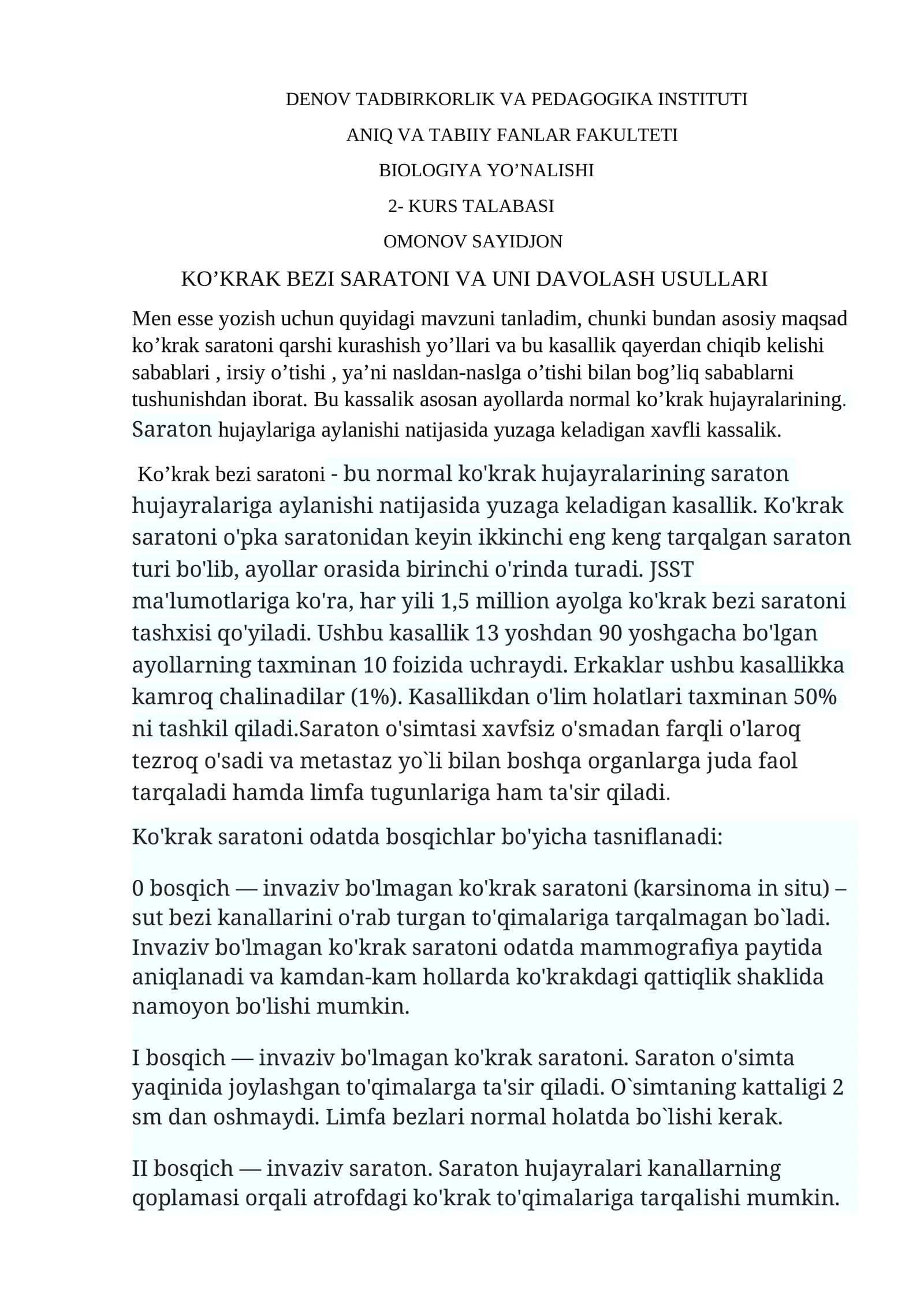 Ko'krak Bezi Saratoni va Uni Davolash Usullari