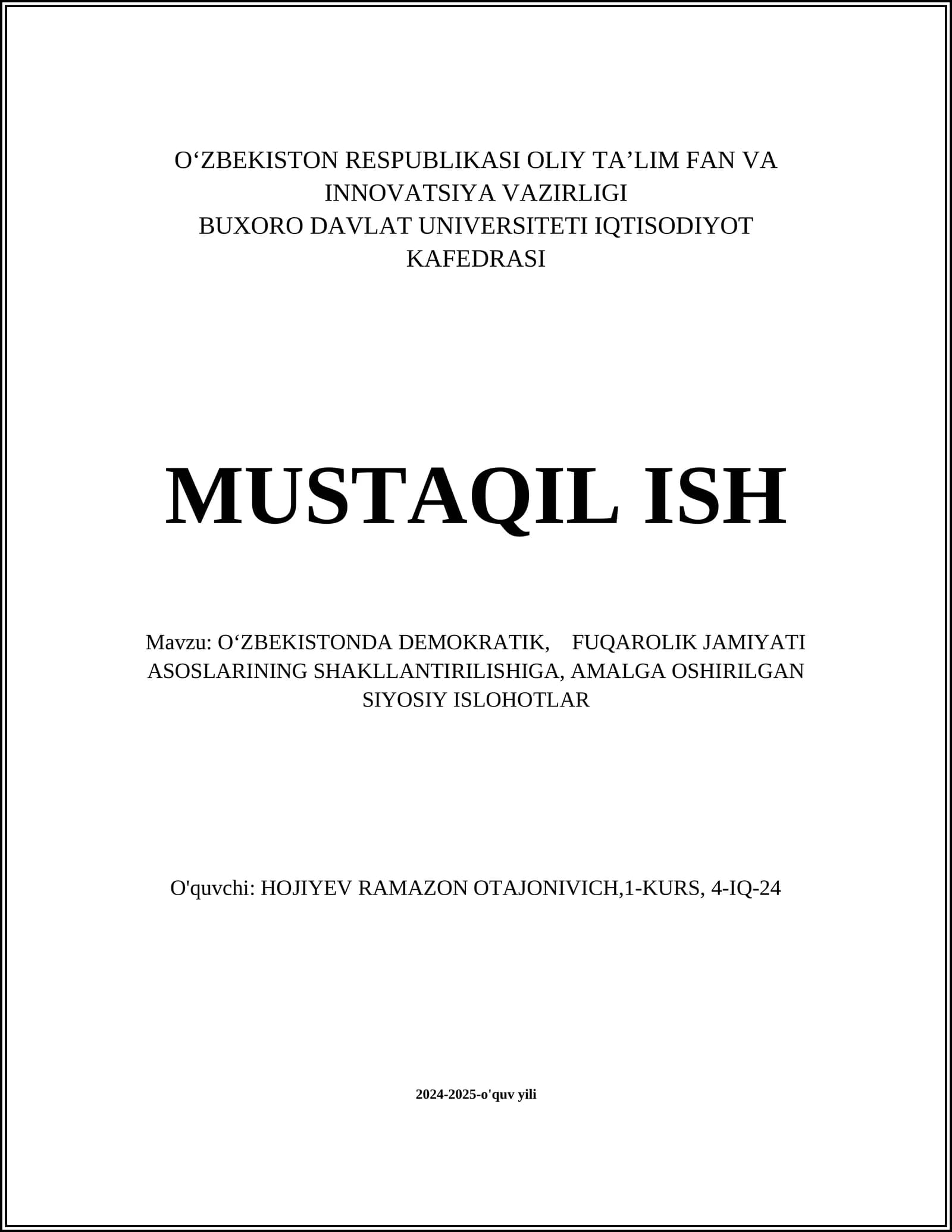 O‘ZBEKISTONDA DEMOKRATIK, FUQAROLIK JAMIYATI ASOSLARINING SHAKLLANTIRILISHI