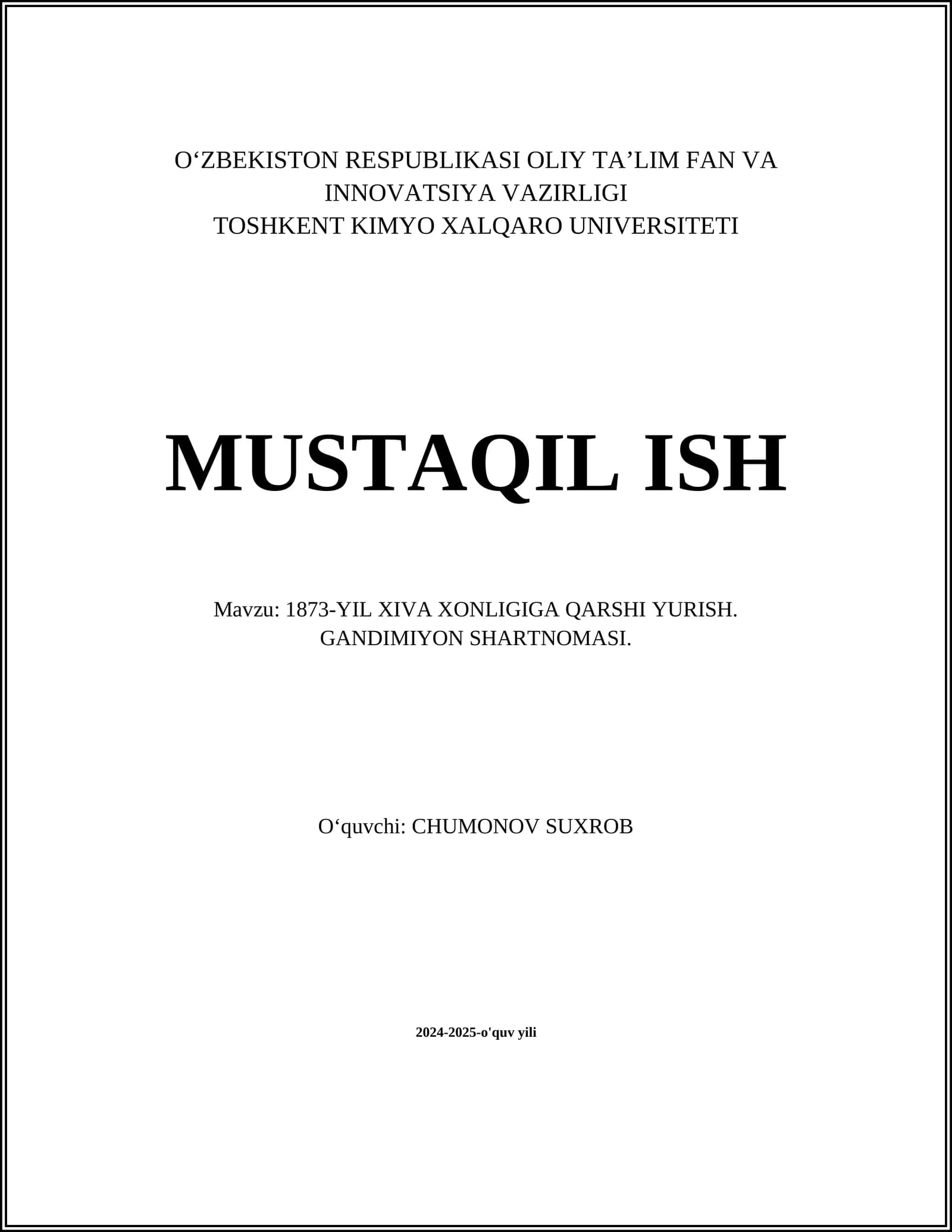 1873-YIL XIVA XONLIGIGA QARSHI YURISH. GANDIMIYON SHARTNOMASI