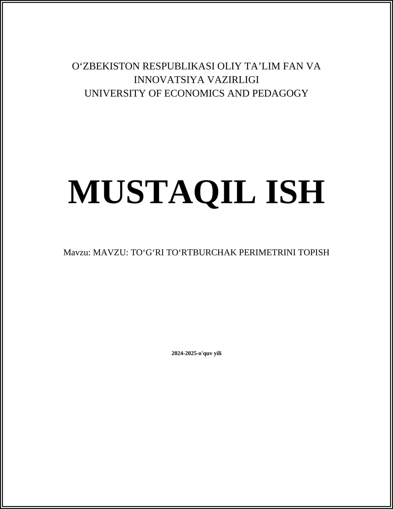 TOʻGʻRI TOʻRTBURCHAK PERIMETRINI TOPISH