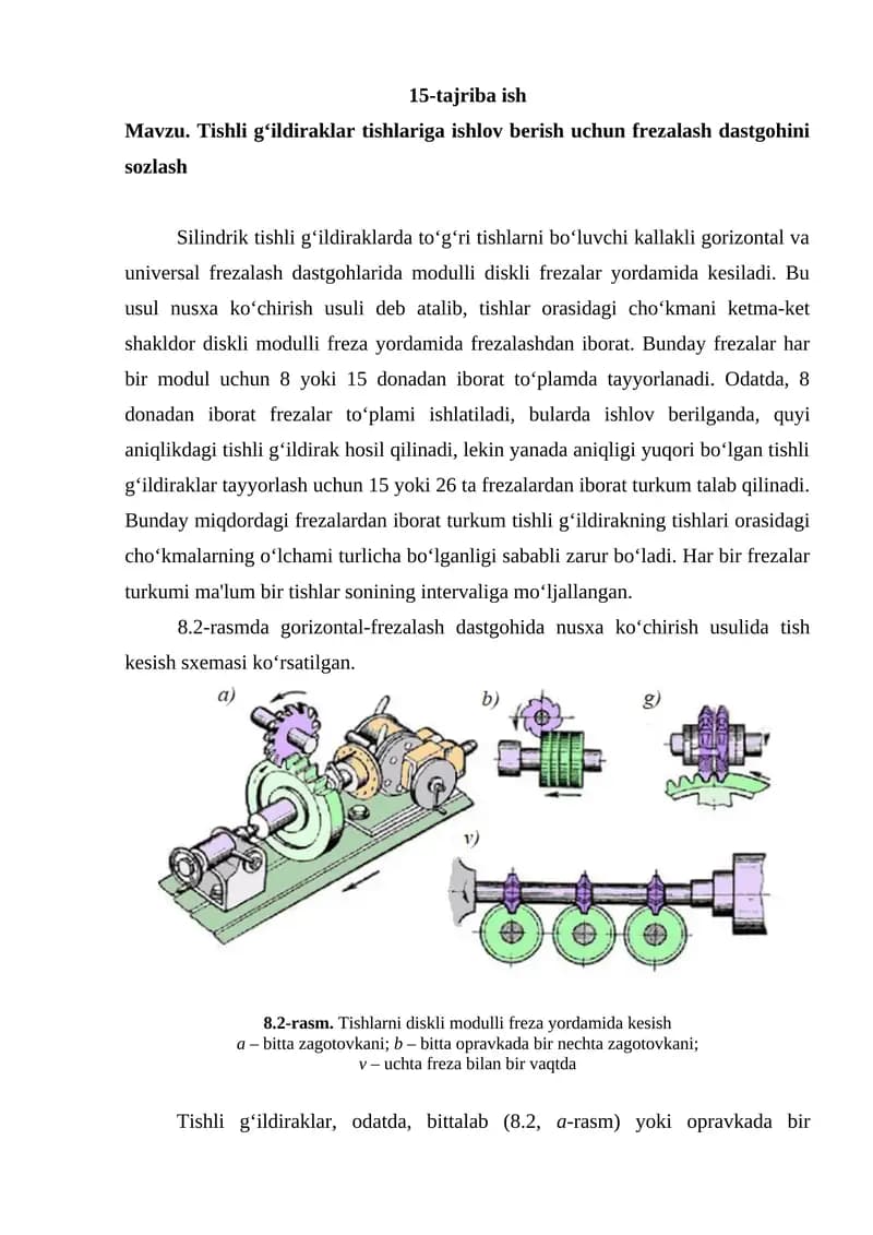 Tishli g‘ildiraklar tishlariga ishlov berish frezalash dastgohi