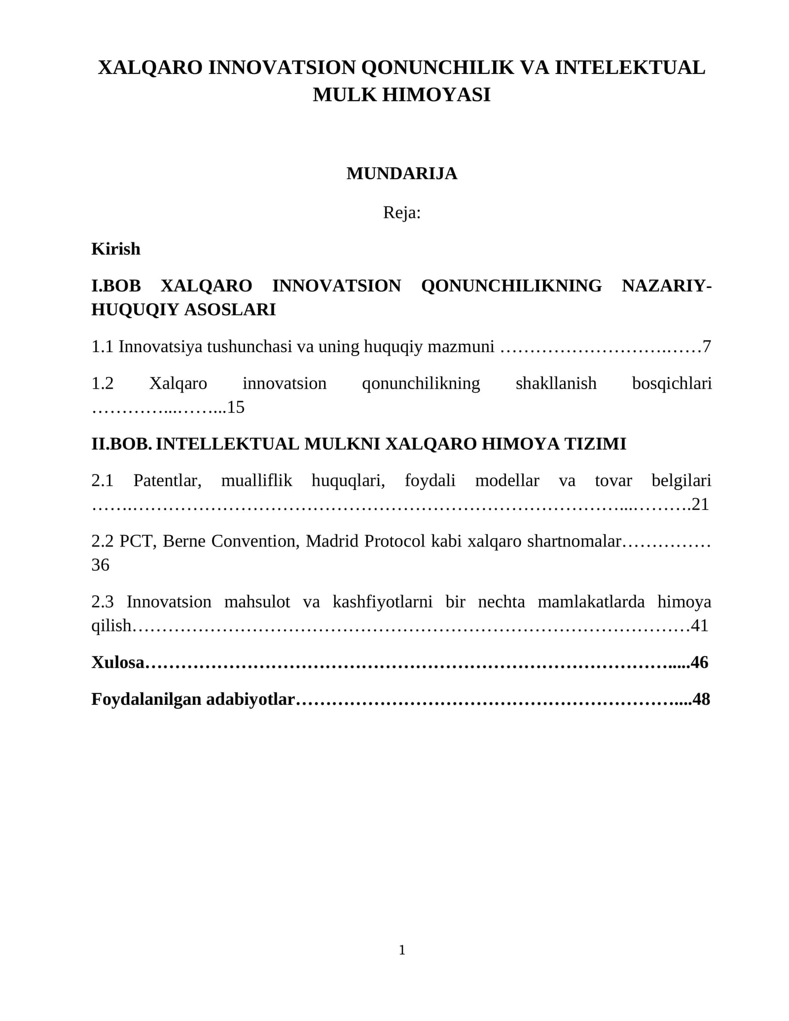 XALQARO INNOVATSION QONUNCHILIK VA INTELEKTUAL MULK HIMOYASI