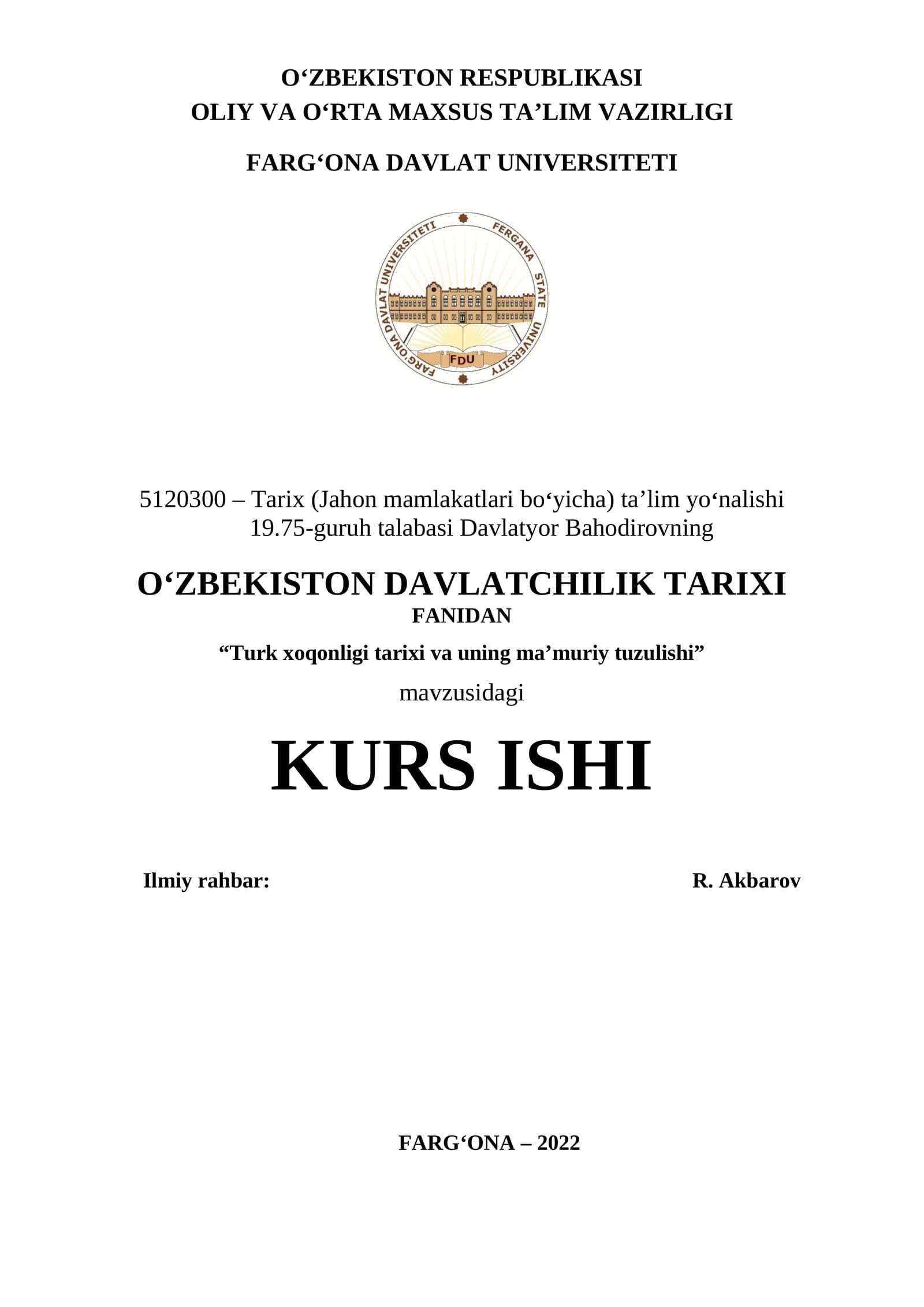 Turk xoqonligi tarixi va uning ma’muriy tuzulishi