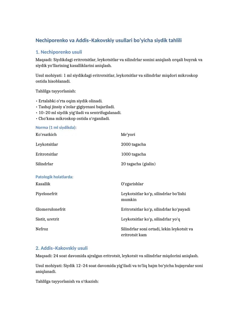 Nechiporenko va Addis Kakovskiy tekshirish usullari