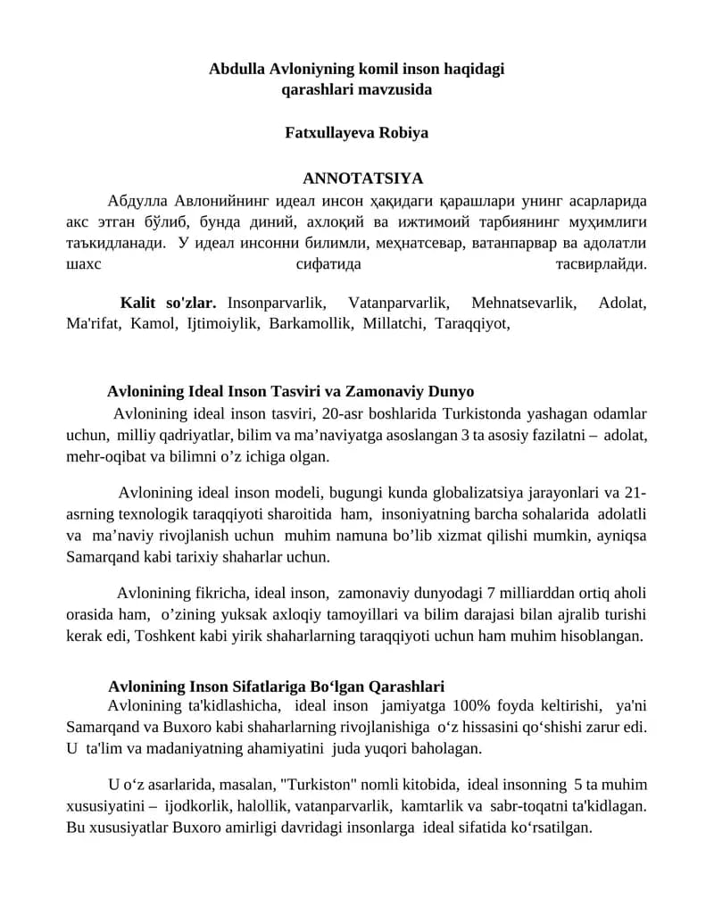 Avlonining Ideal Inson Tasviri va Zamonaviy Dunyo