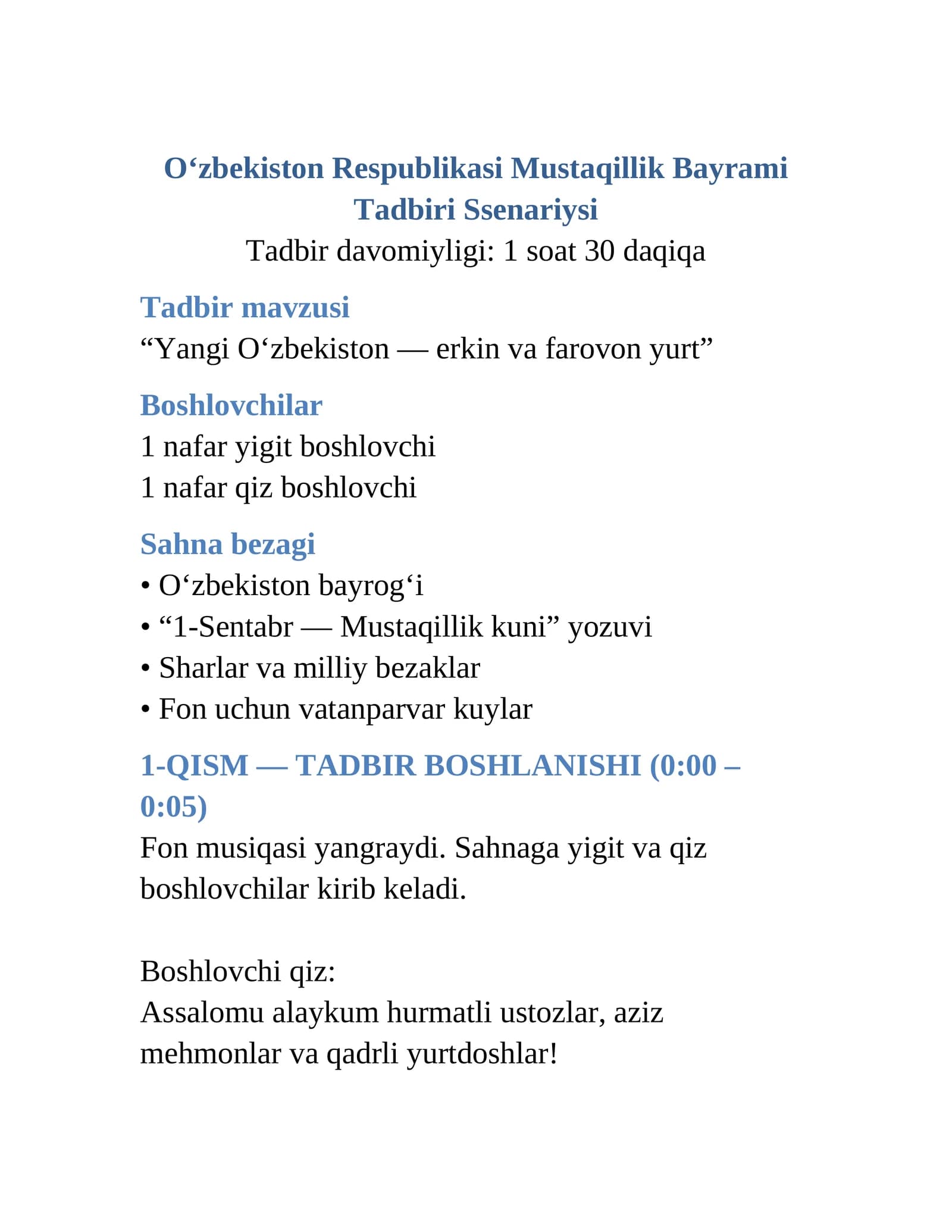 Mustaqillik bayram tadbiri ssenariysi
