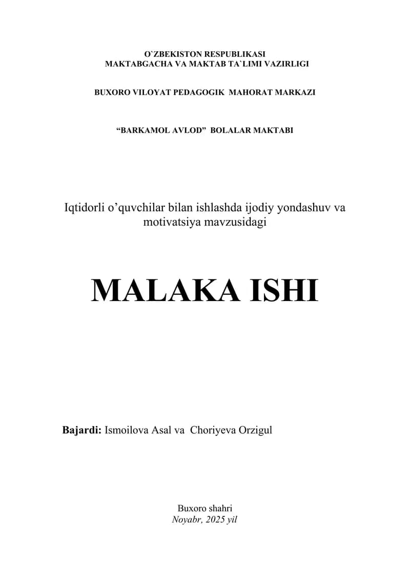 Iqtidorli O'quvchilar bilan ishlashda ijodiy yondashuv va motivatsiya MALAKA ISHI