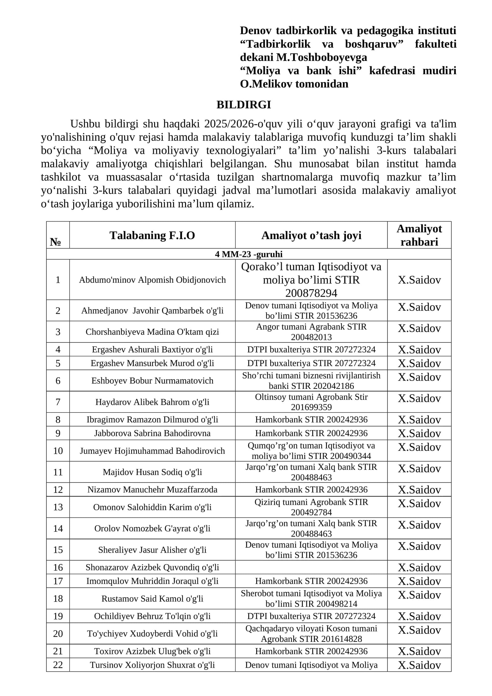 Moliya va moliyaviy texnologiyalari ta’lim yo’nalishi