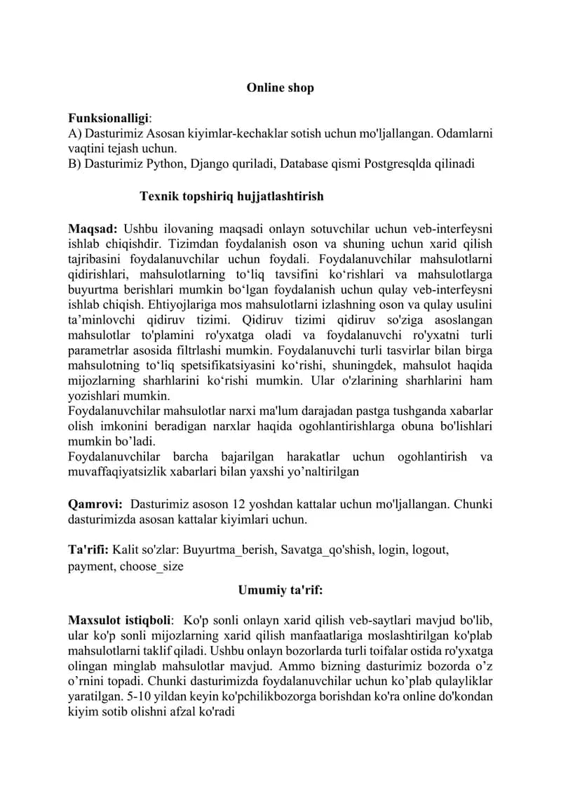 Texnik Topshiriq ishlab chiqish