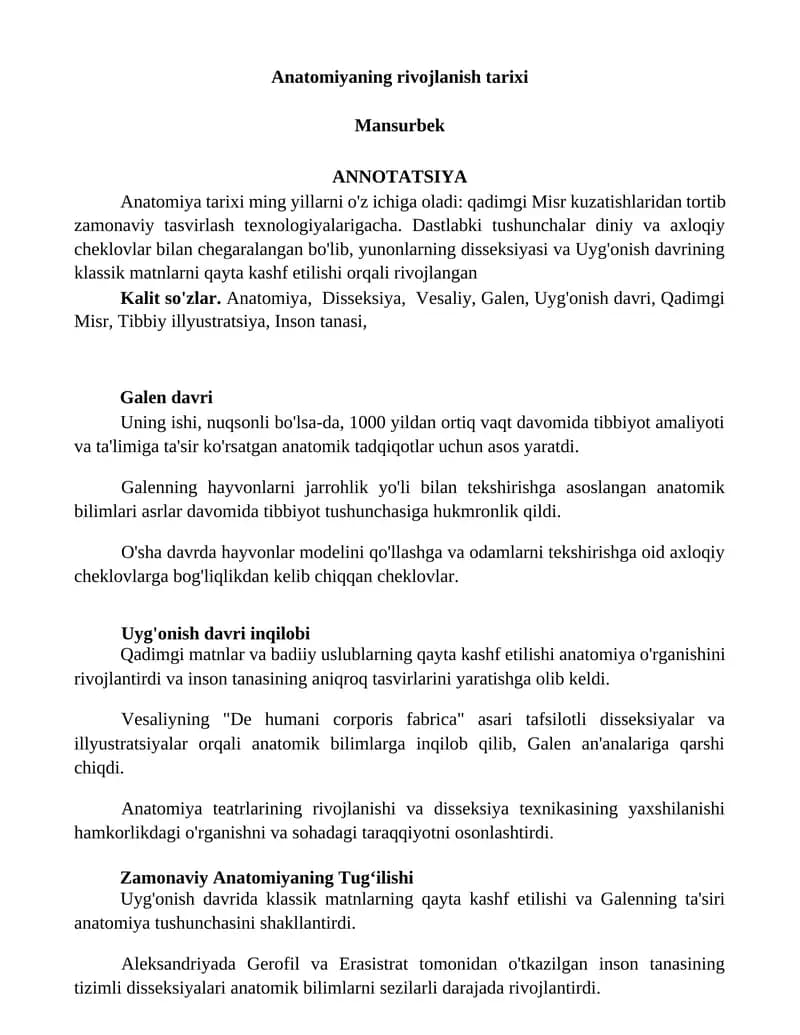Anatomiyaning rivojlanish tarixi