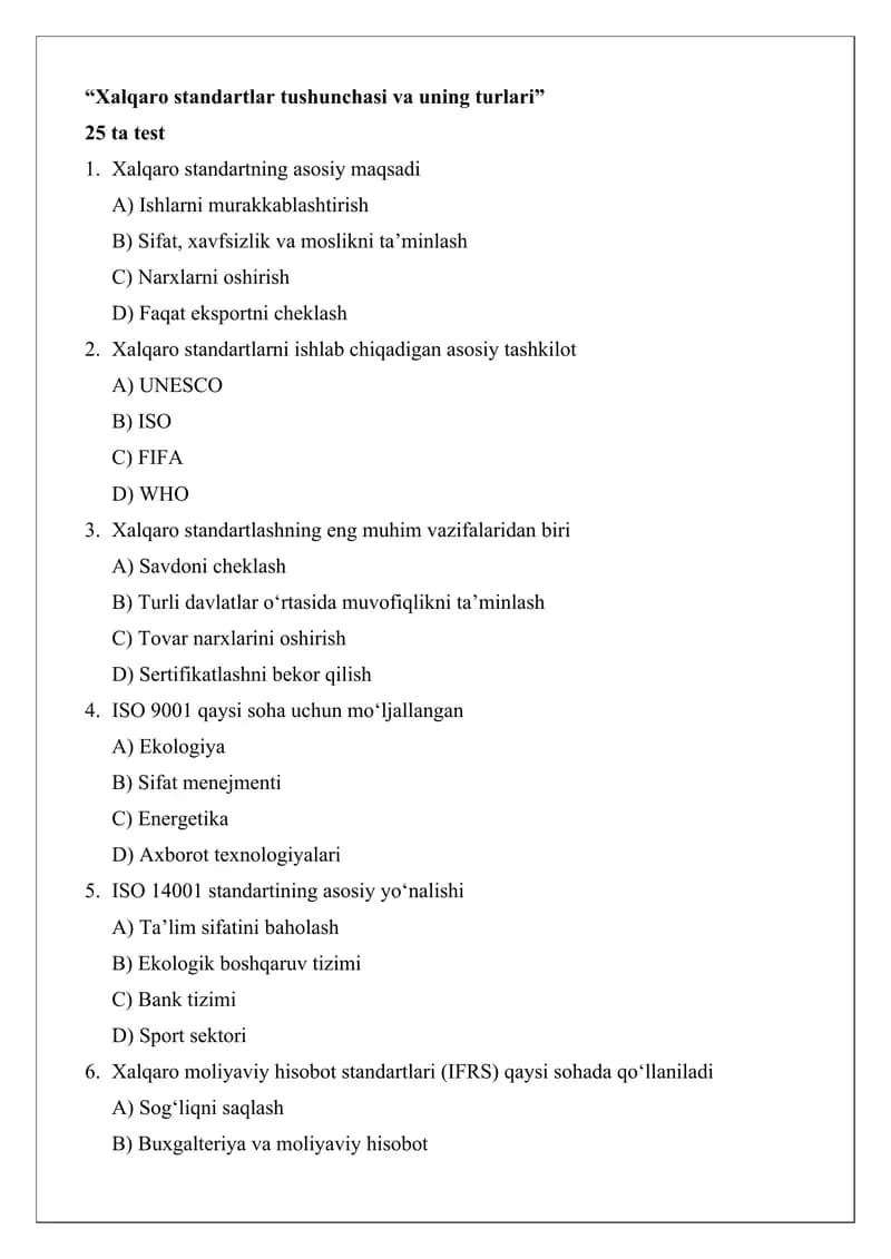 Xalqaro standartlar tushunchasi va uning turlari