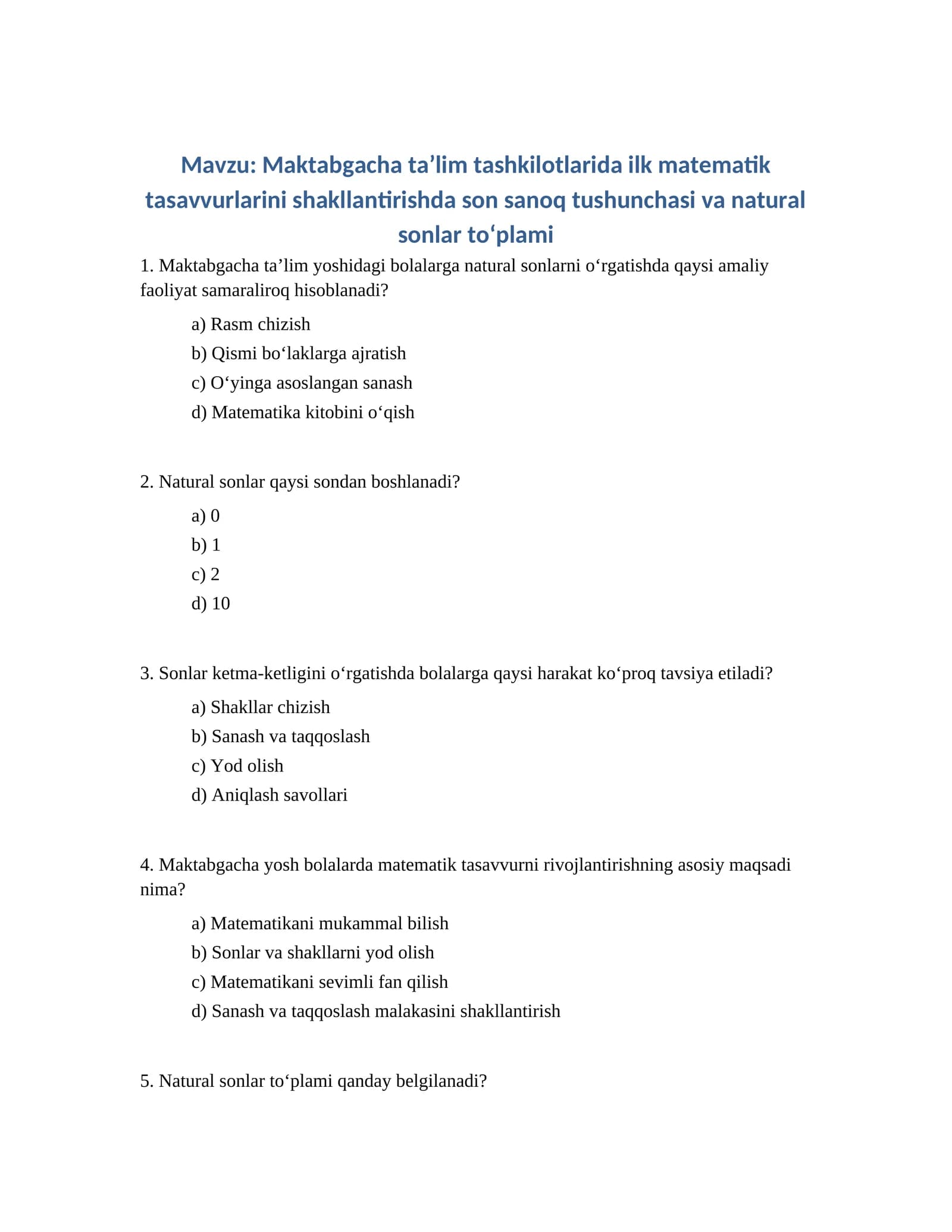 Maktabgacha taʼlim tashkilotlarida ilk matematik tasavvurlarini shakllantirishda son sanoq tushunchasi va natural sonlar to‘plami