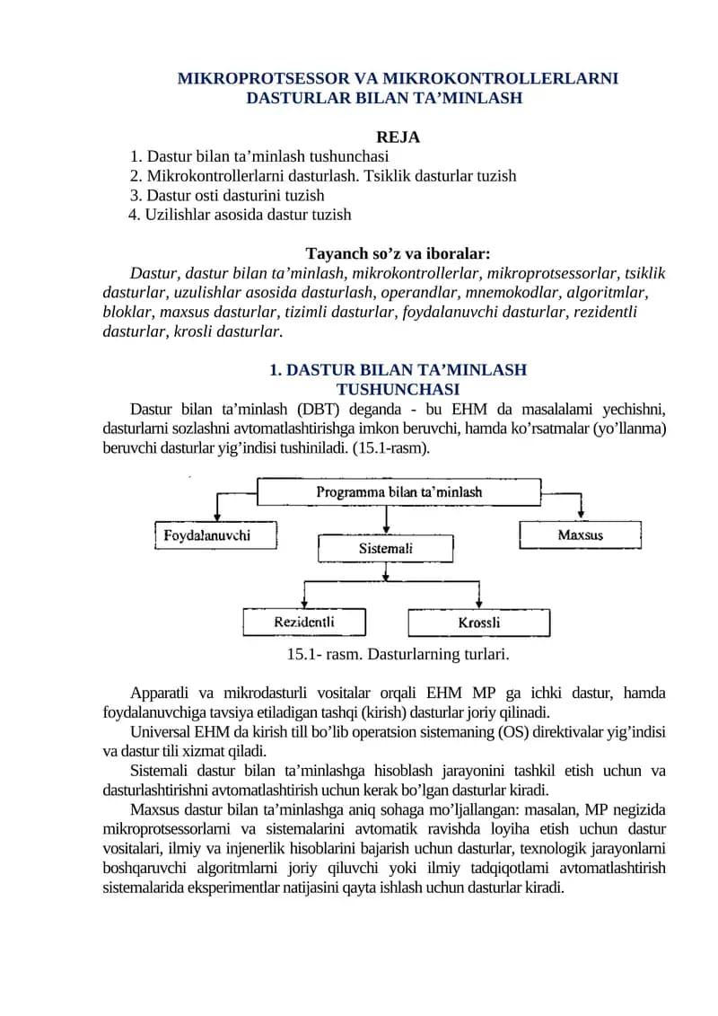 MIKROPROTSESSOR VA MIKROKONTROLLERLARNI DASTURLAR BILAN TA’MINLASH