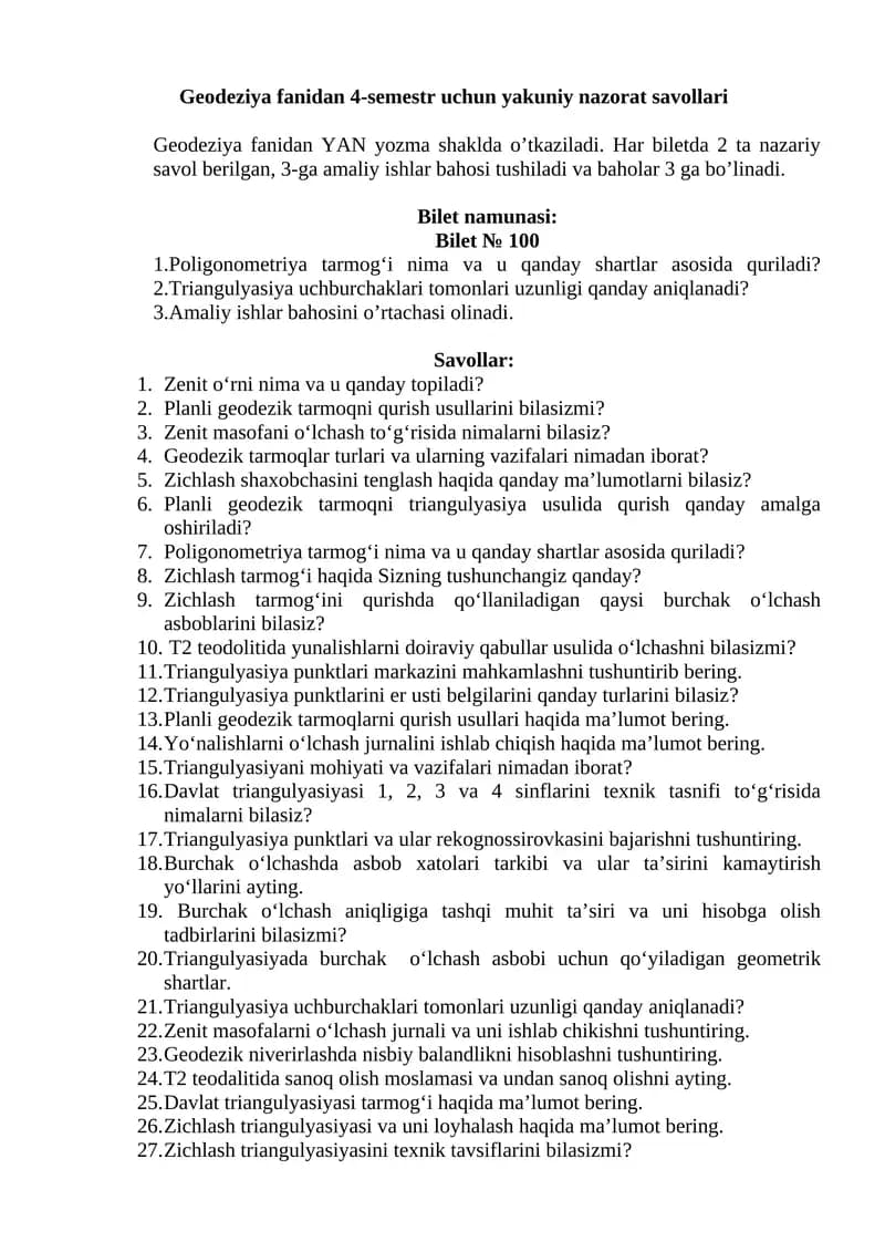Geodeziya fanidan 4-semestr uchun yakuniy nazorat savollari